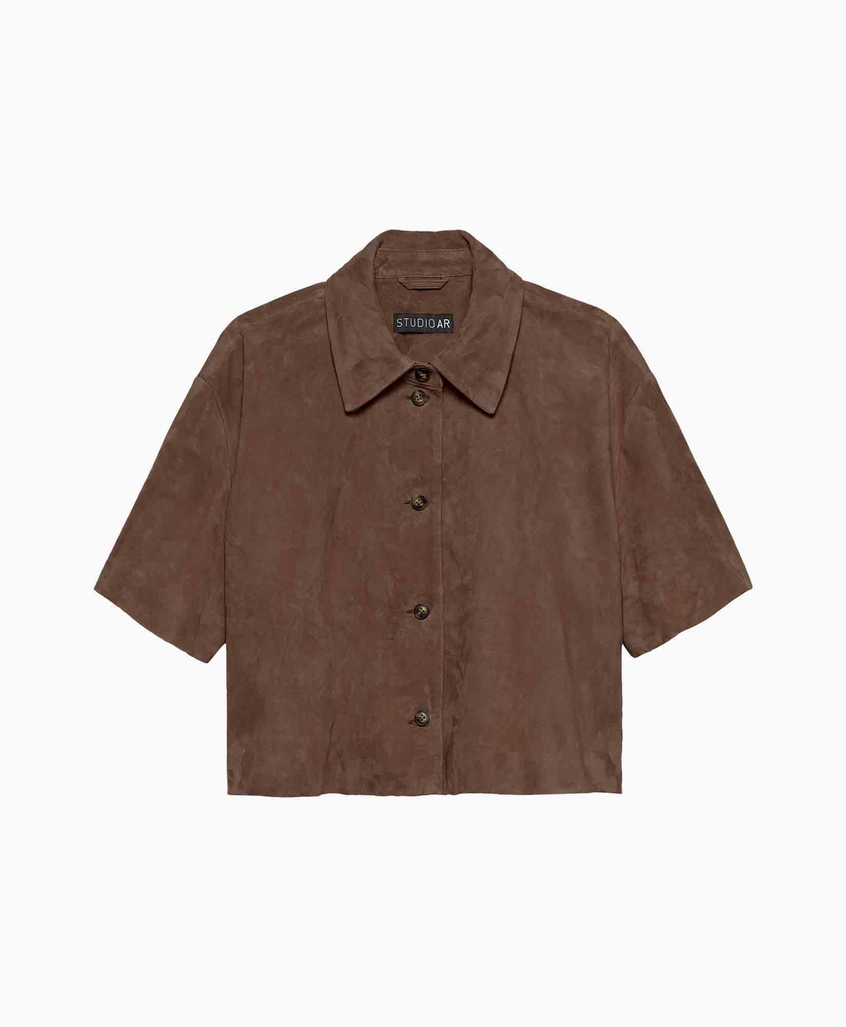 brown, short-sleeve, button-down, suede, top