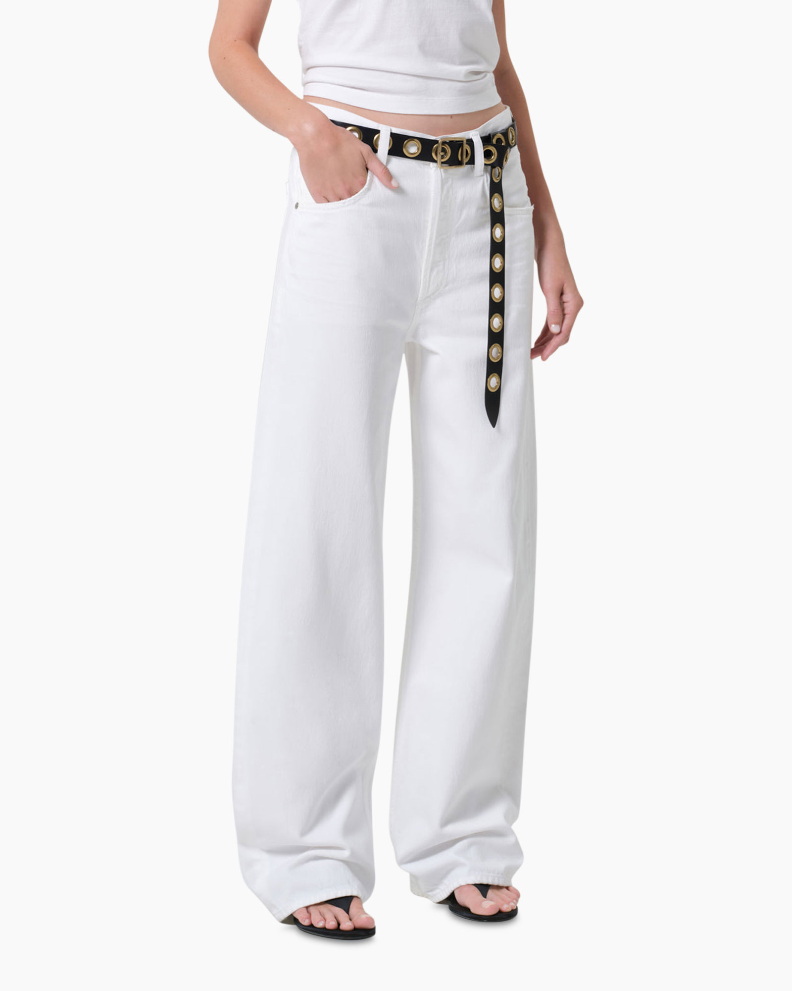 white pants, wide-leg, jeans, belted, floral not visible