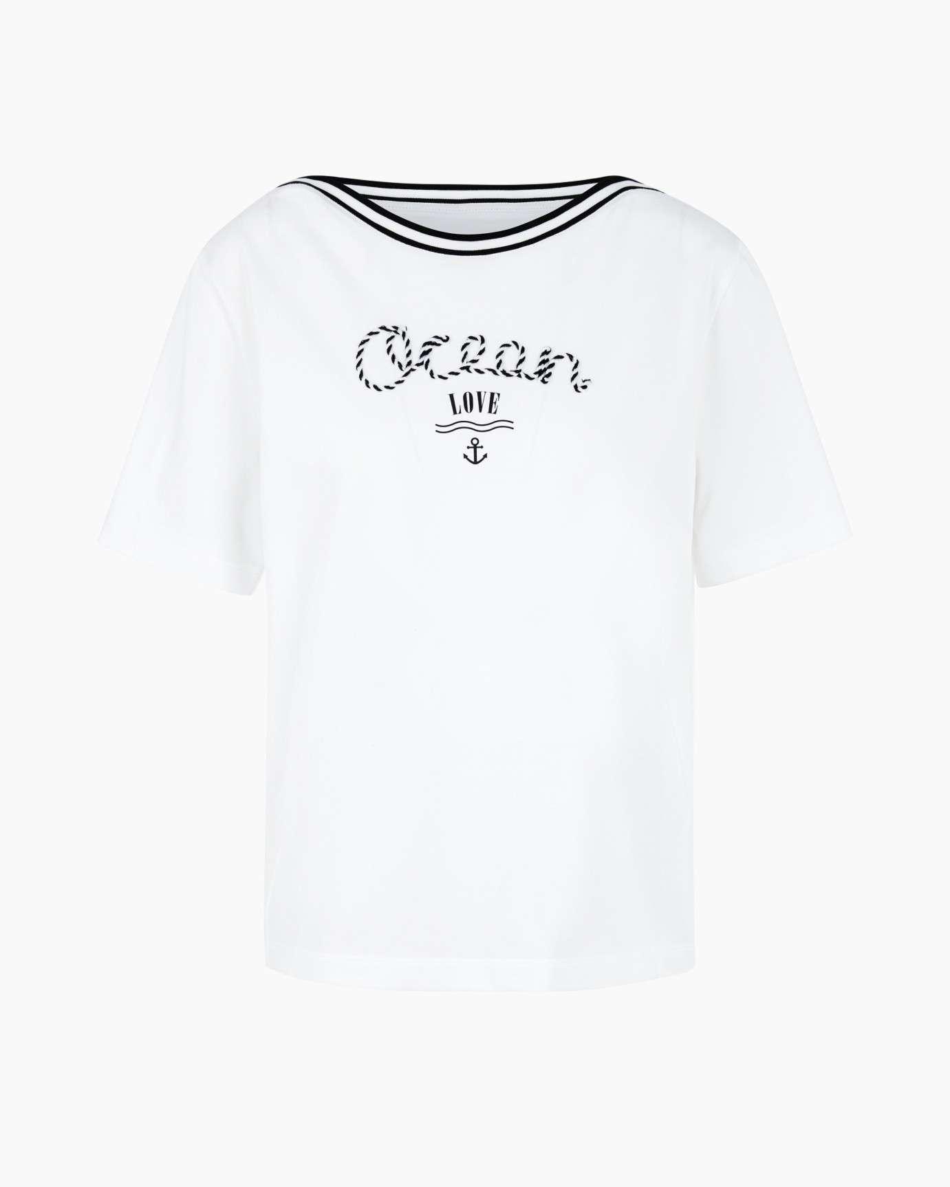 t-shirt, white, graphic, short sleeve, navy ribbon design