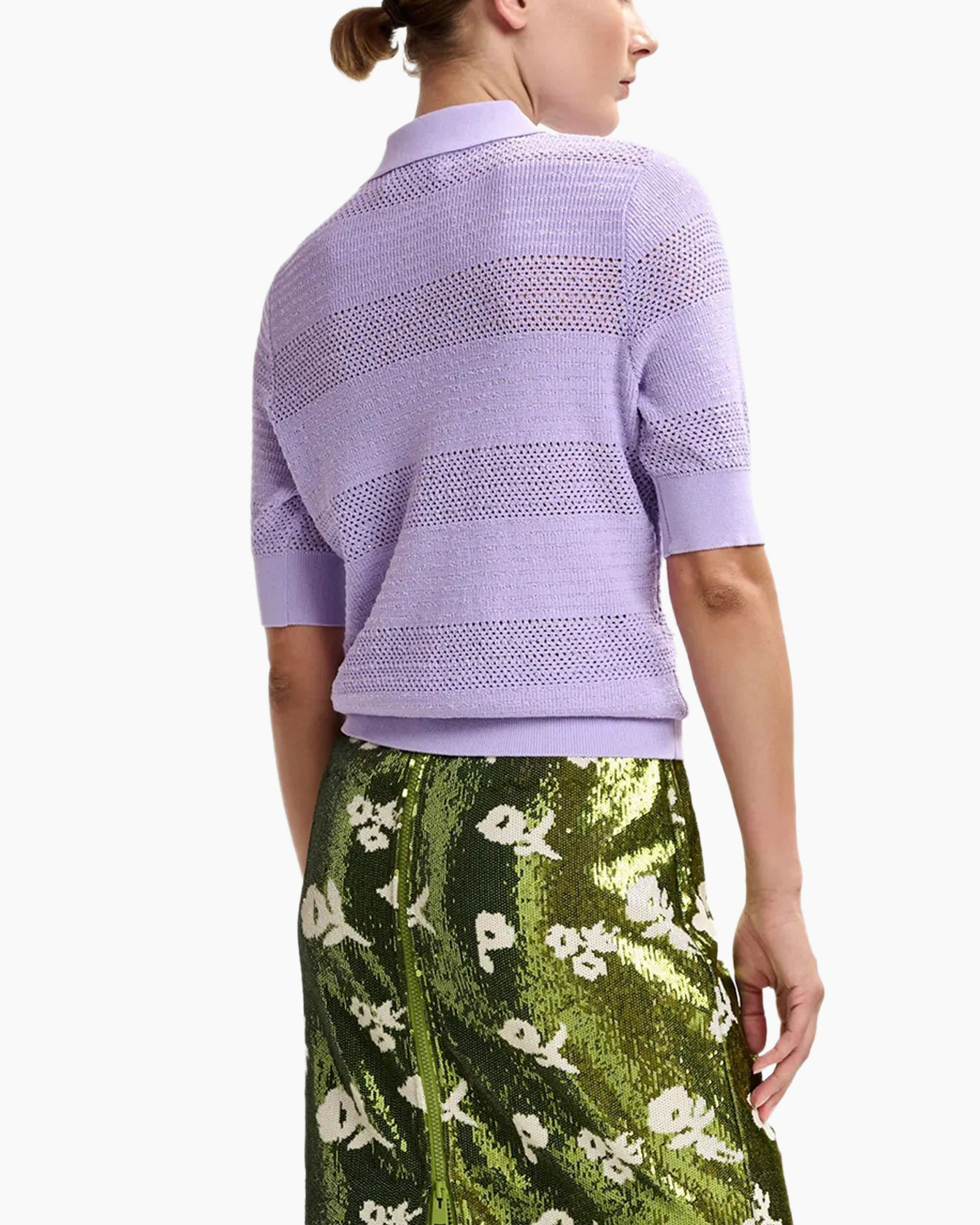 knit top, lavender, striped knit, short sleeve, collar