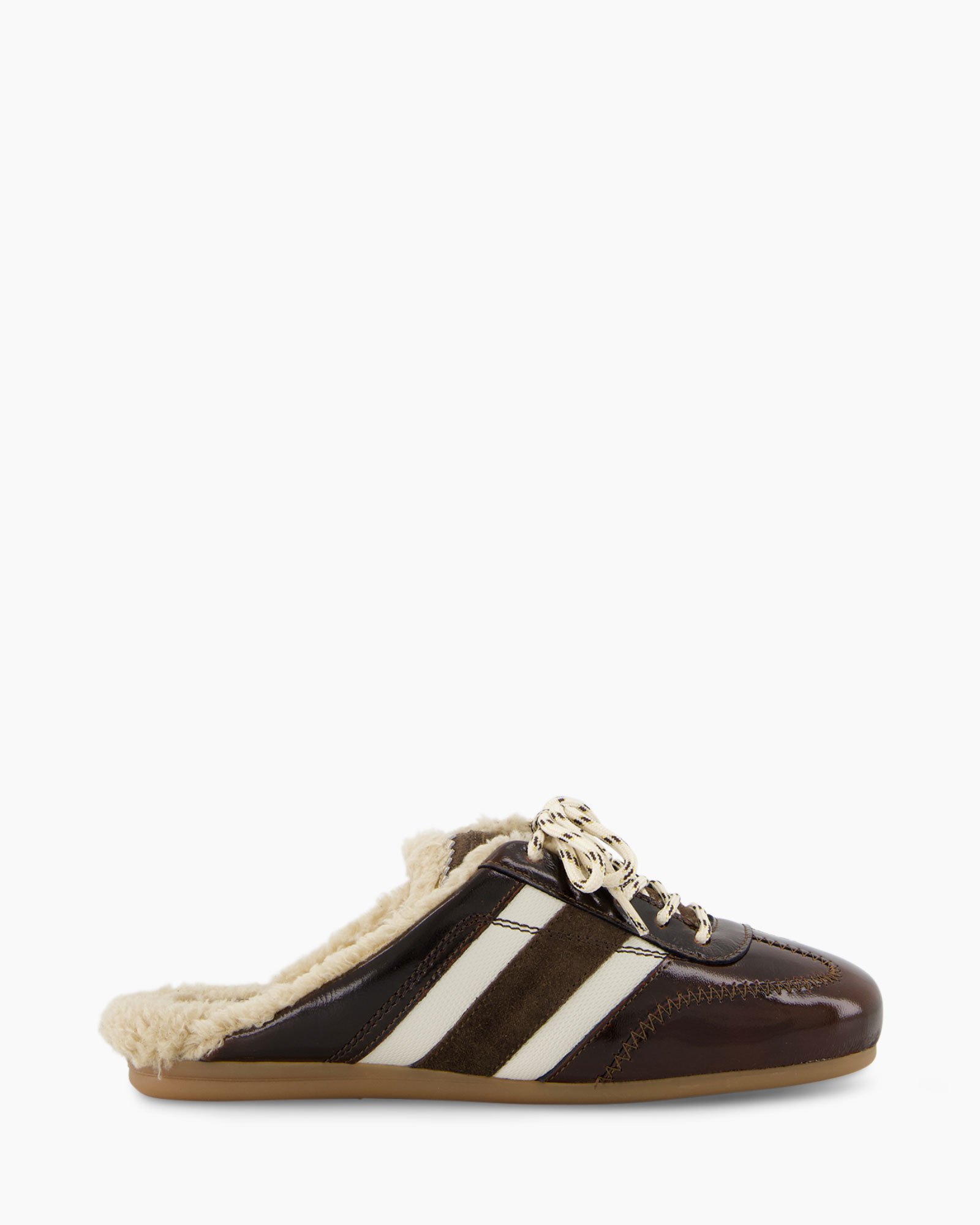 slippers, brown leather, fur lining, lace-up, moccasin style