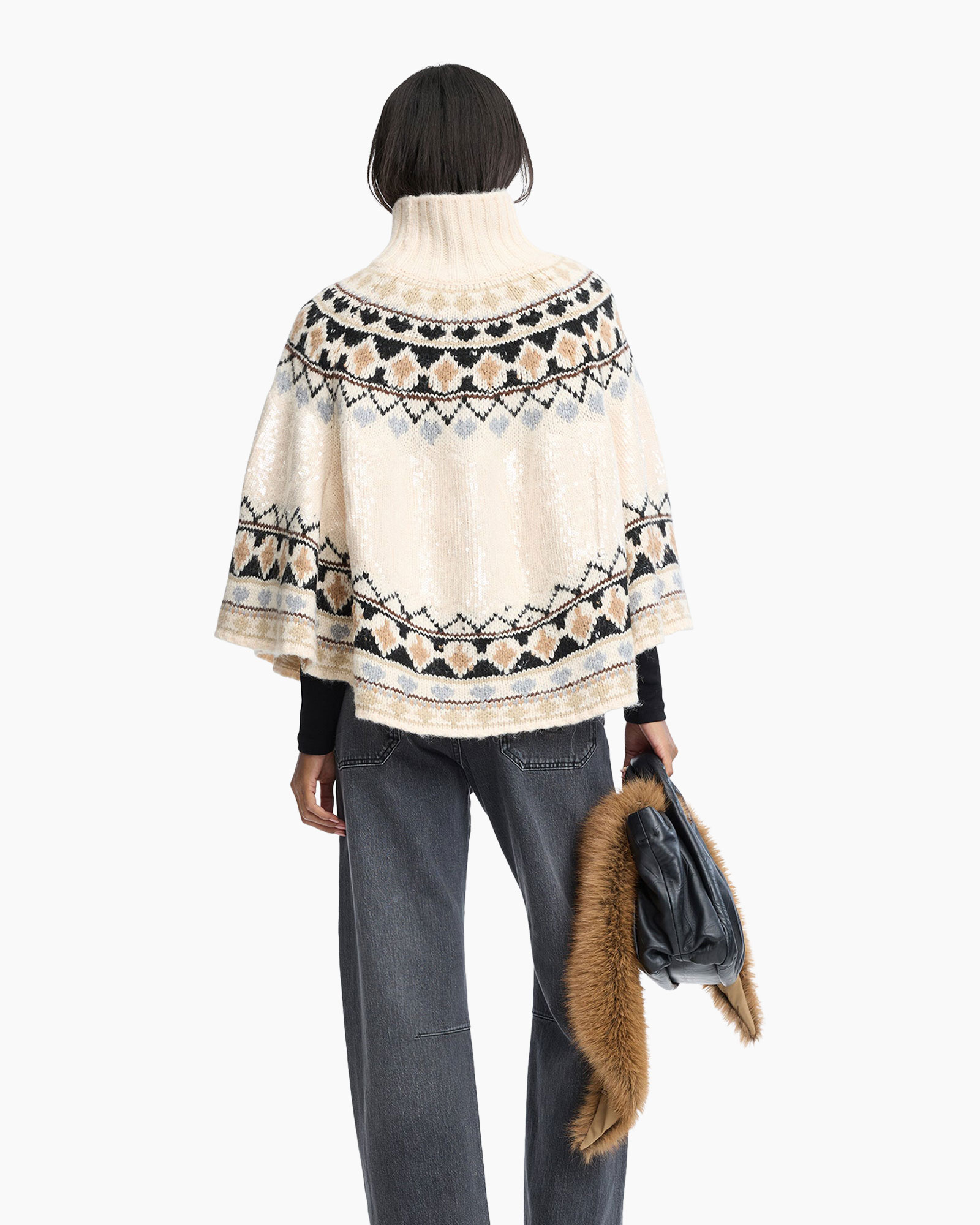 poncho, knit, pattern, turtleneck, cream