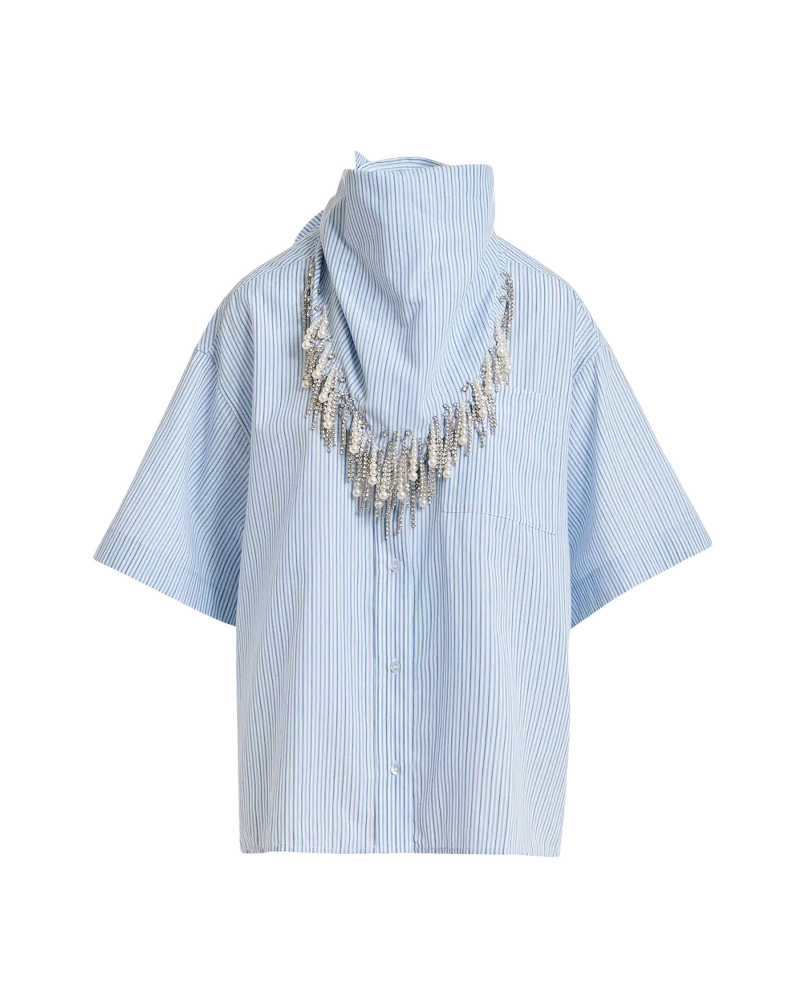 shirt, blue stripes, short sleeves, collared, necklace embellishment