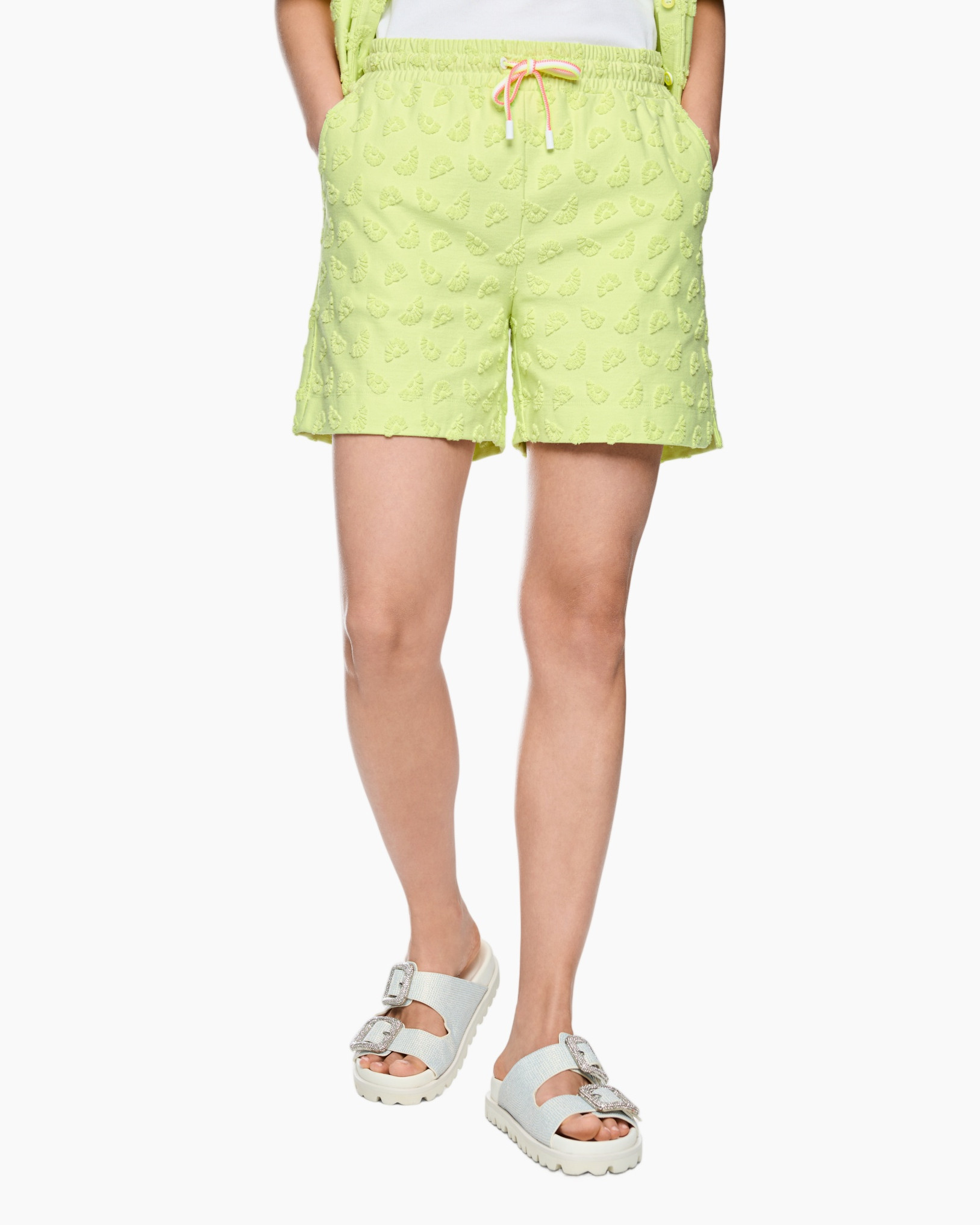 shorts, drawstring, lime green, patterned, sandals