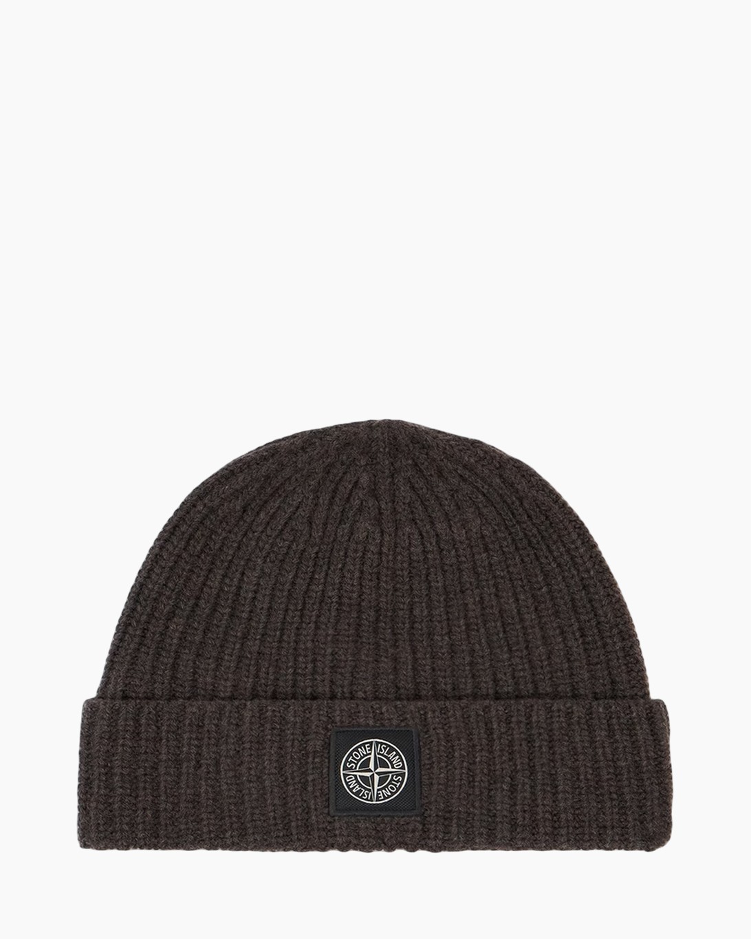 beanie, knit, brown, folded cuff, logo patch, beanie, knit, dark brown, ribbed, folded cuff