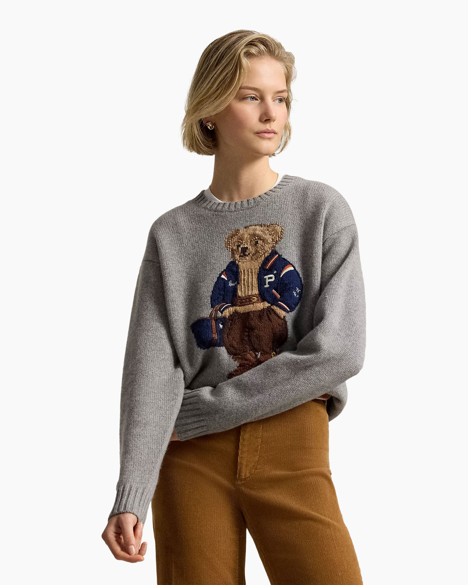 sweater, knitwear, teddy bear motif, gray, long_sleeve
