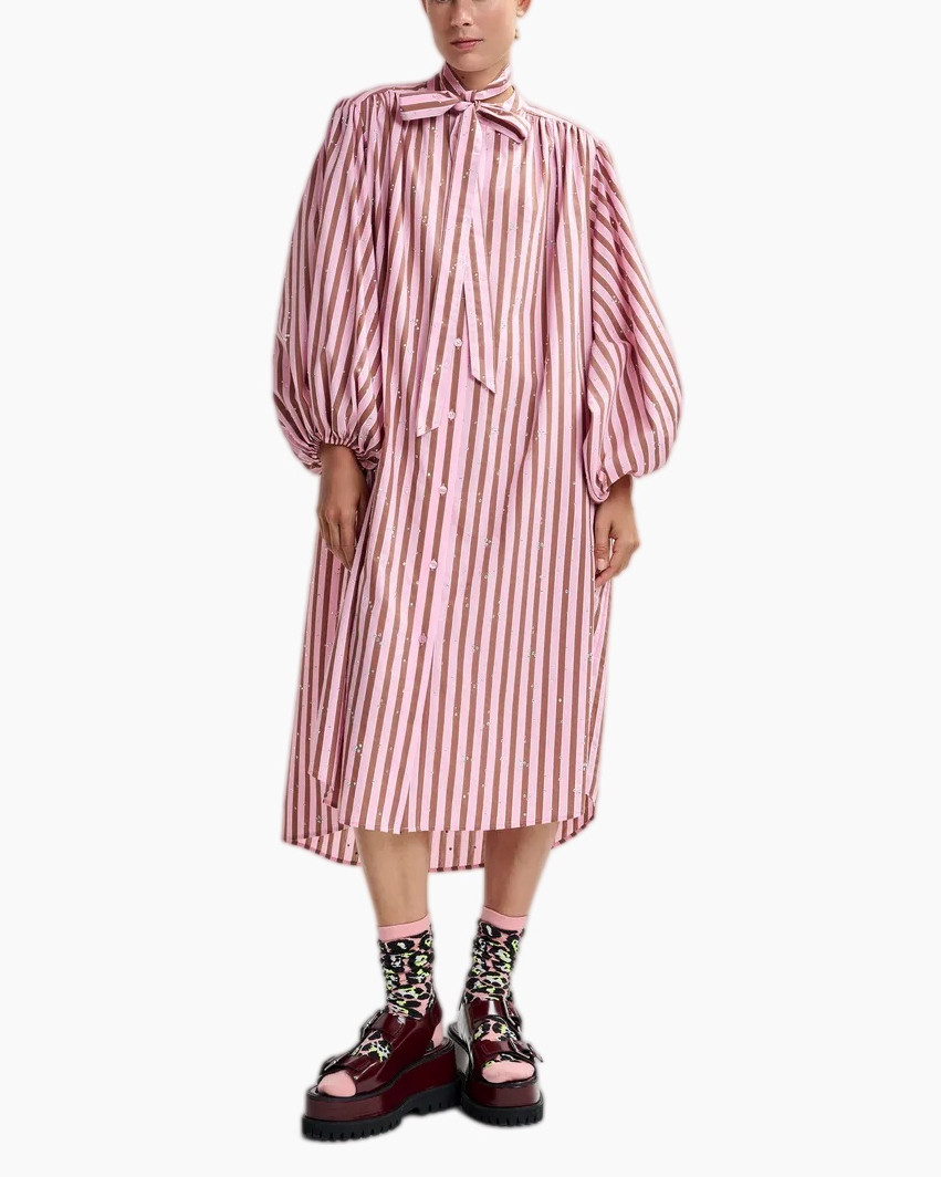 pink dress, striped dress, long sleeve, puff sleeve, knee-length