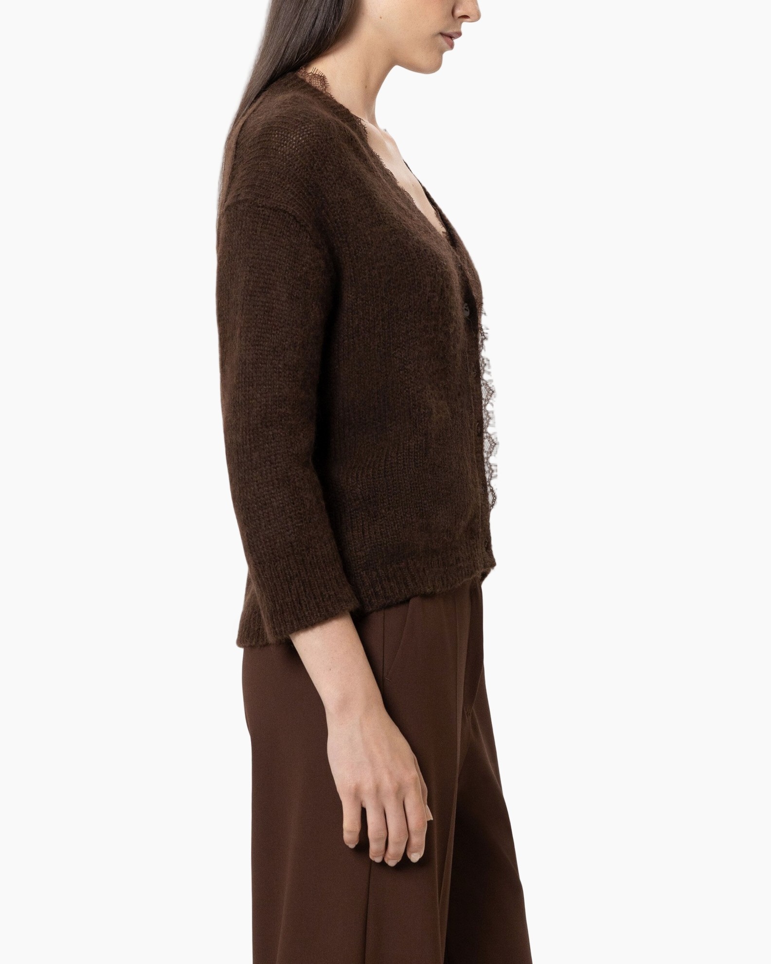 cardigan, knit, brown, long sleeve, lace trim