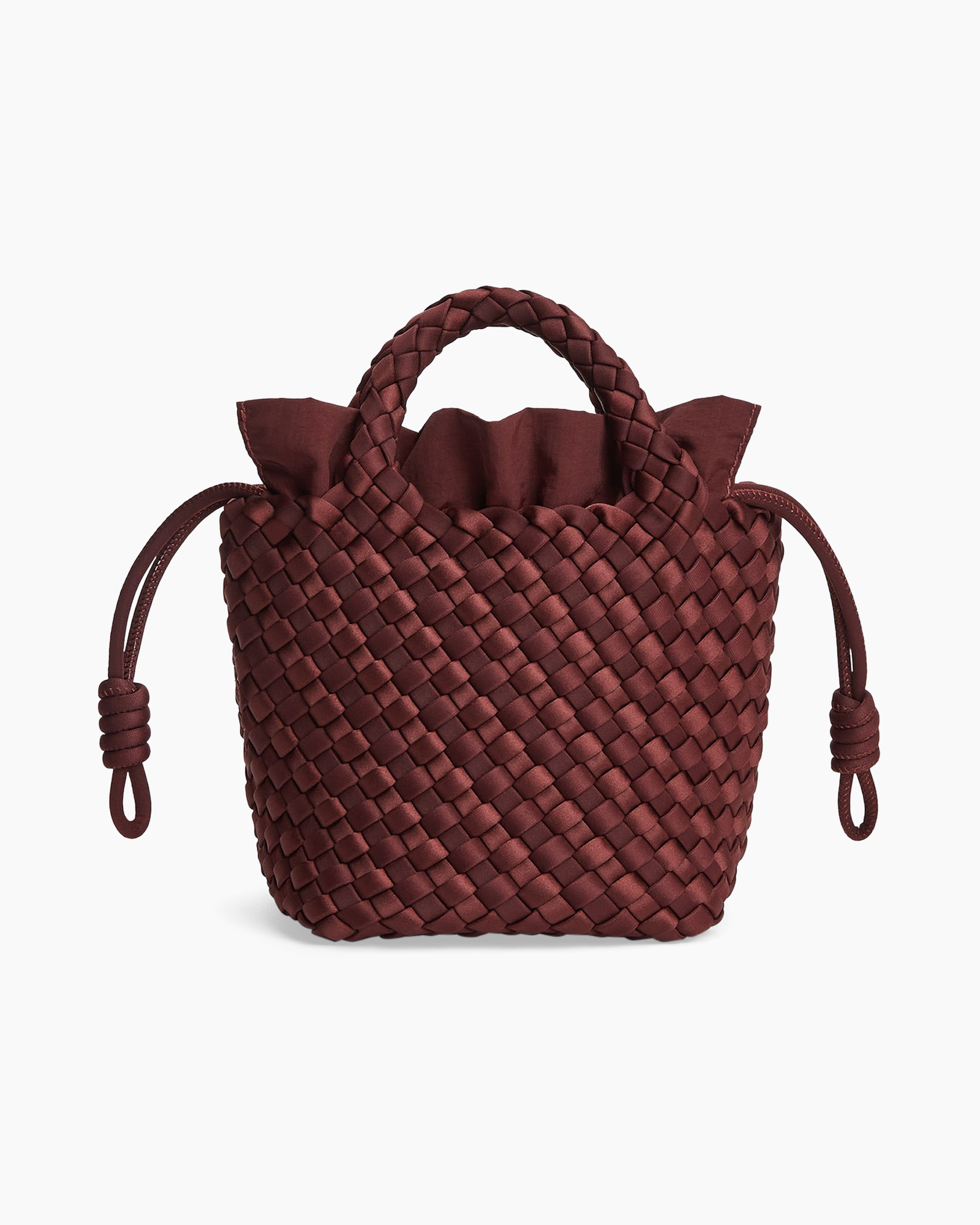 handbag, woven, bucket bag, maroon, drawstring
