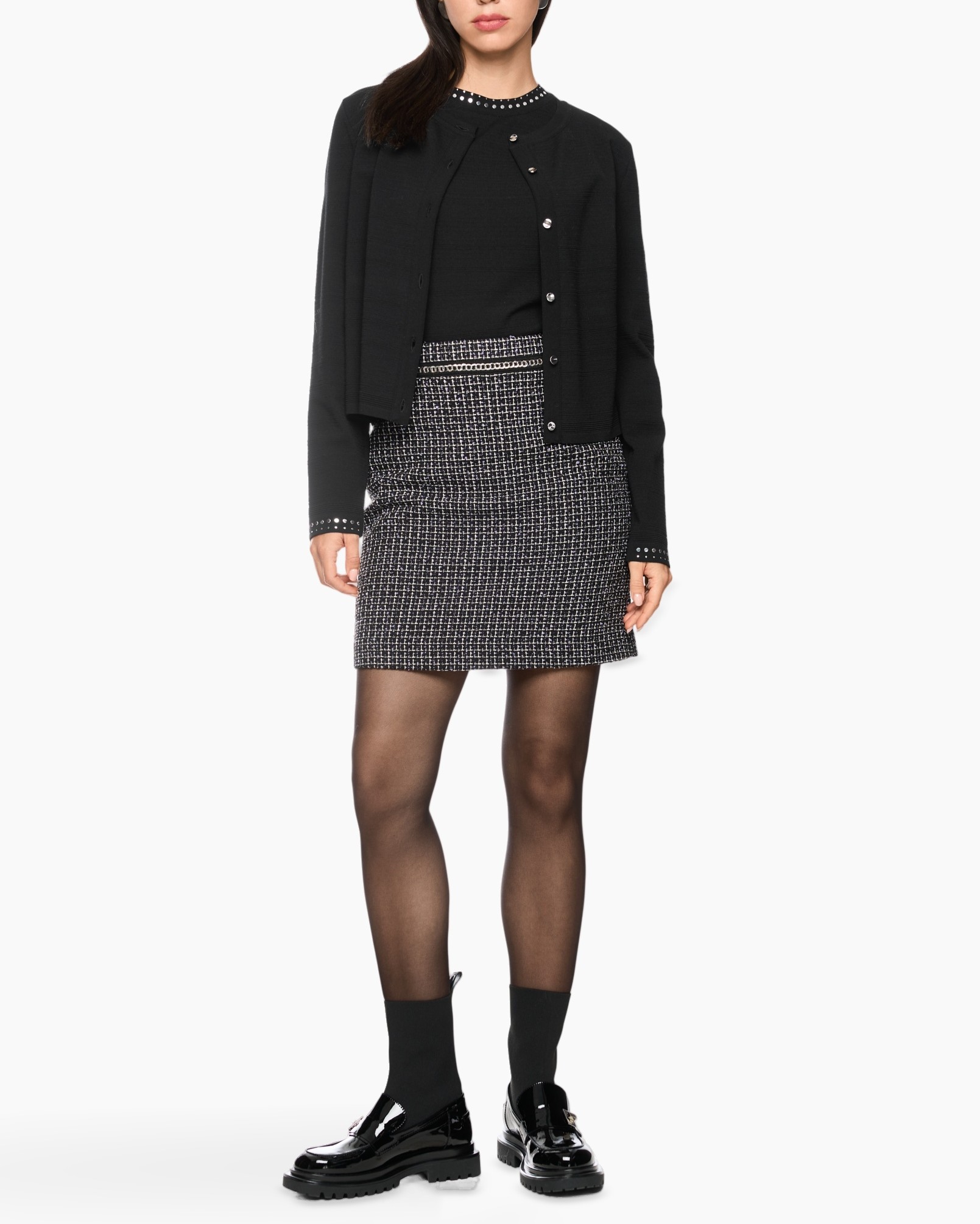 skirt, tweed, black, cardigan, sheath