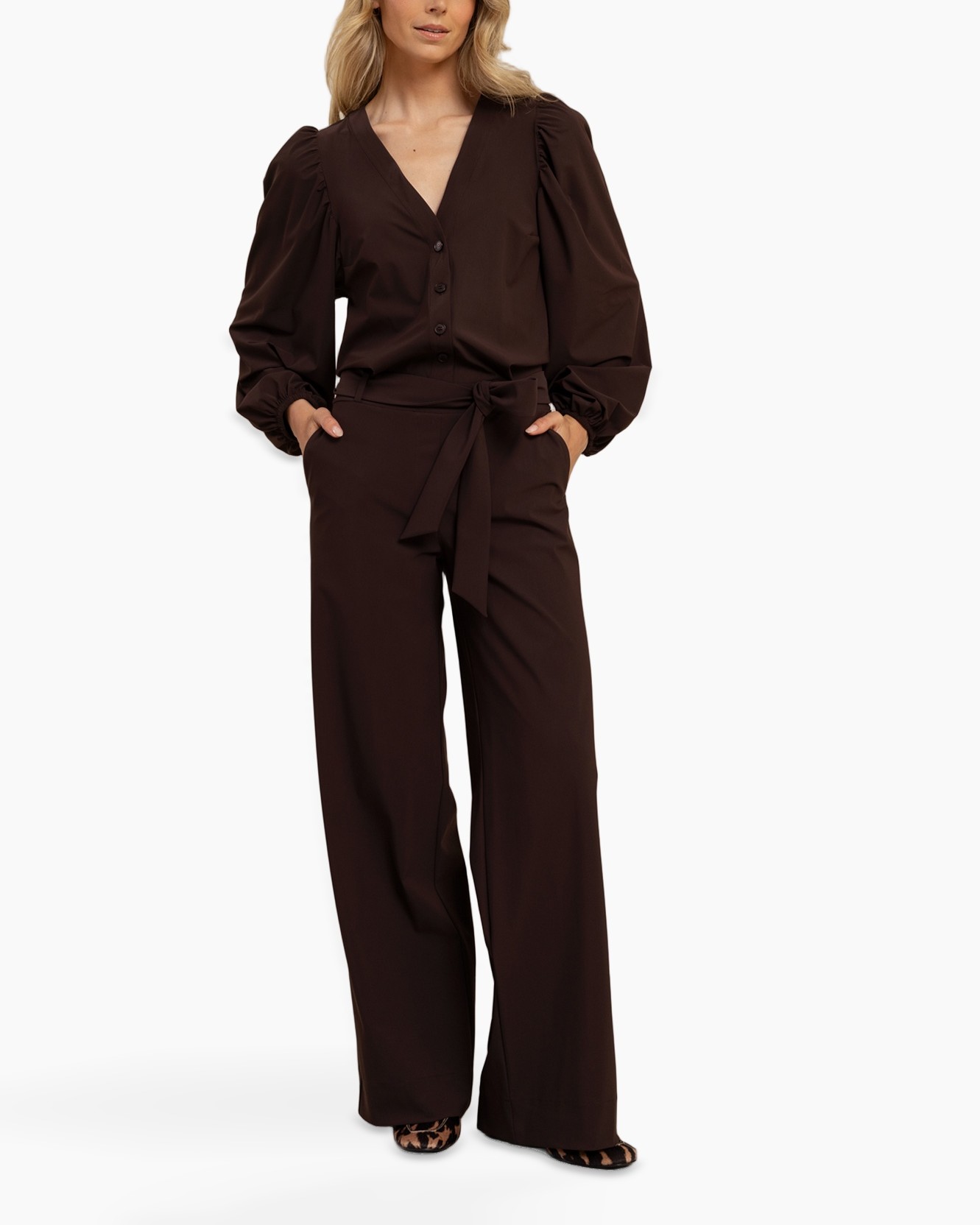 jumpsuit, brown, wide-leg, button-down, belted
