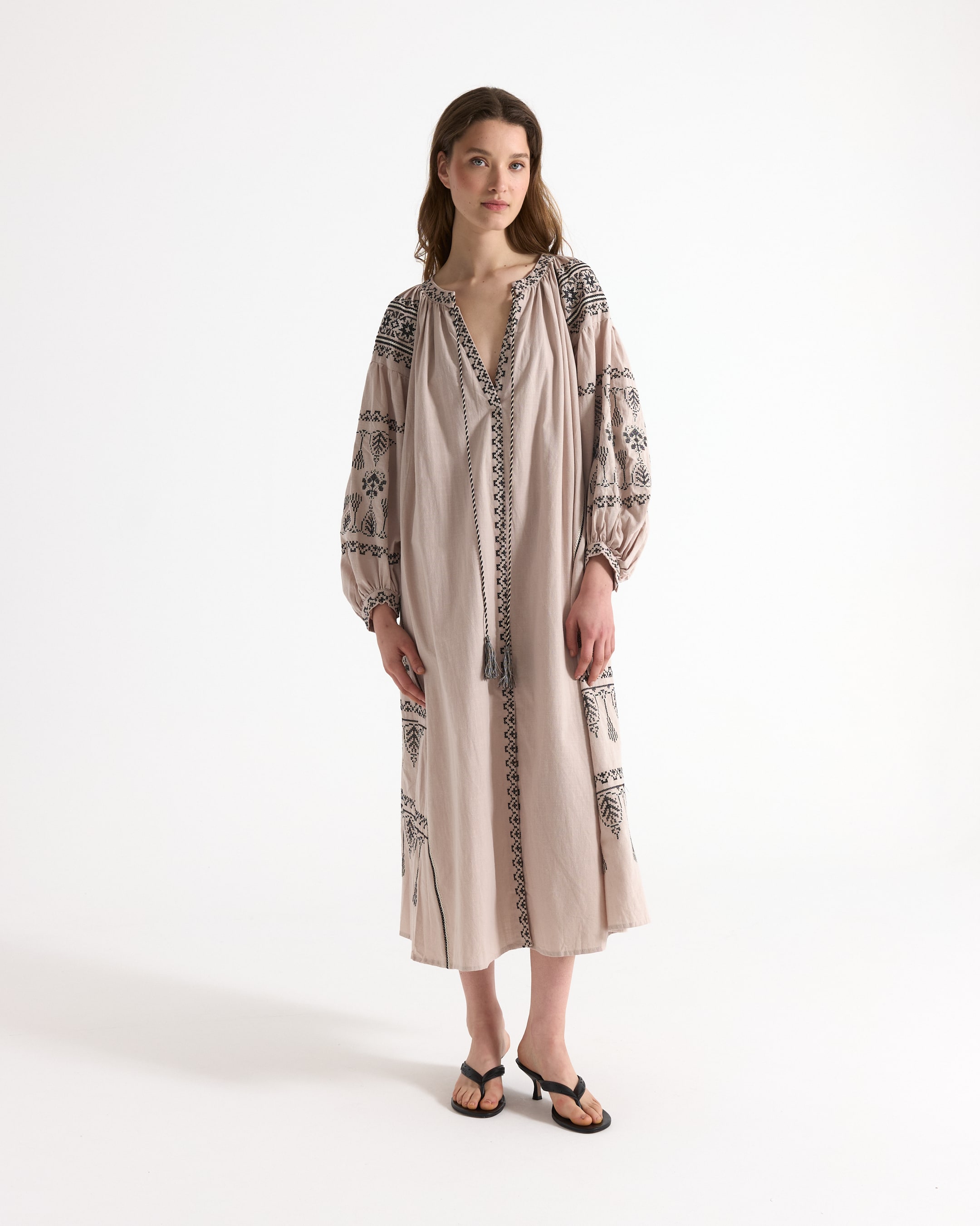 maxi dress, embroidery, boho, line pattern, beige