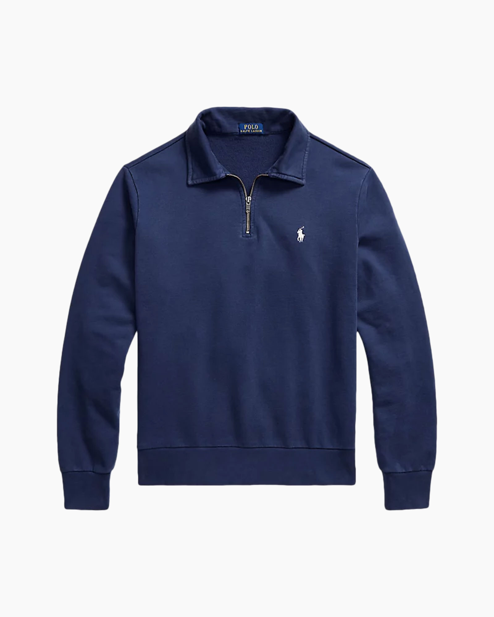 polo shirt, zip placket, long sleeves, navy blue, logo small