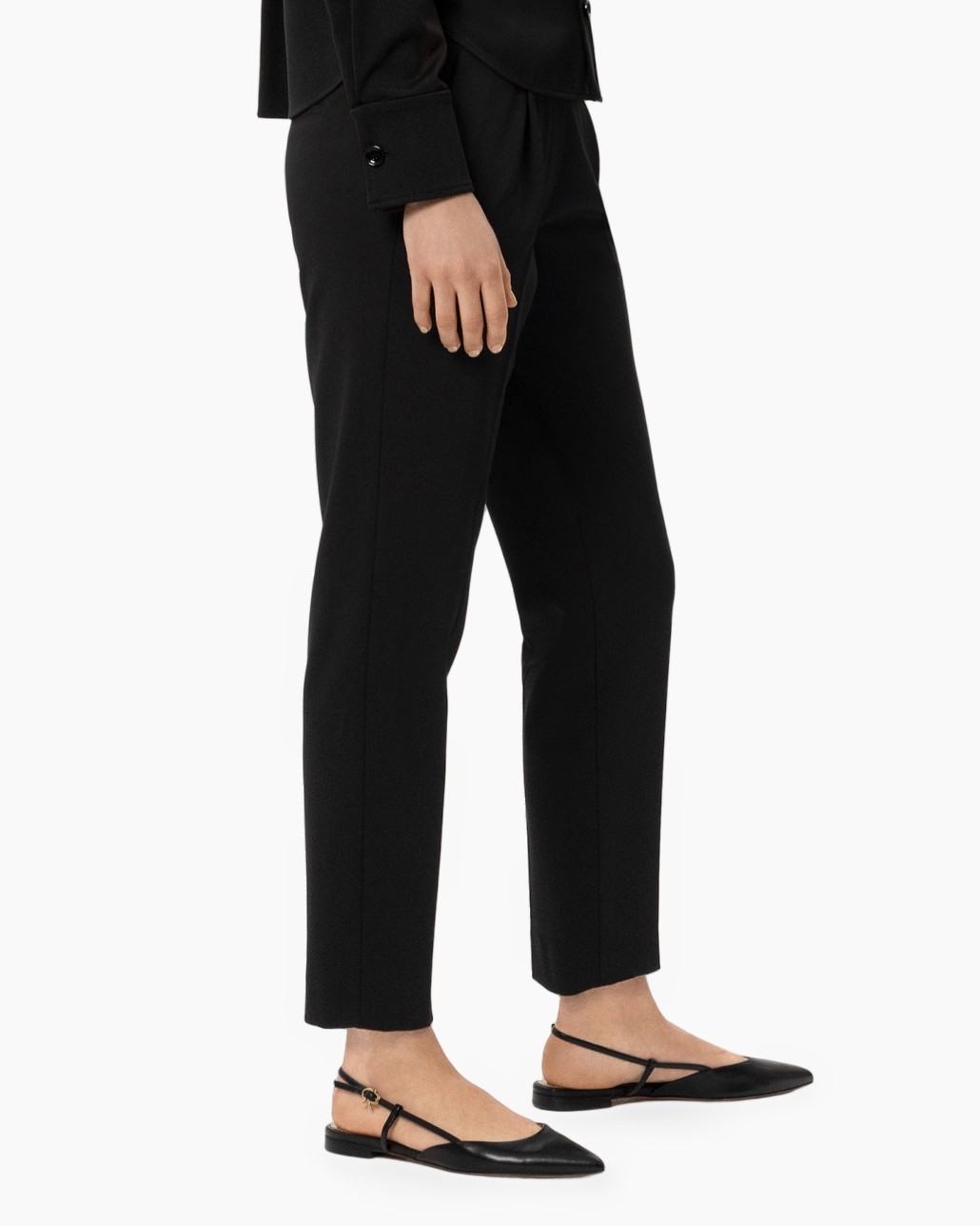 pants, black pants, slim fit, ankle length, flat shoes