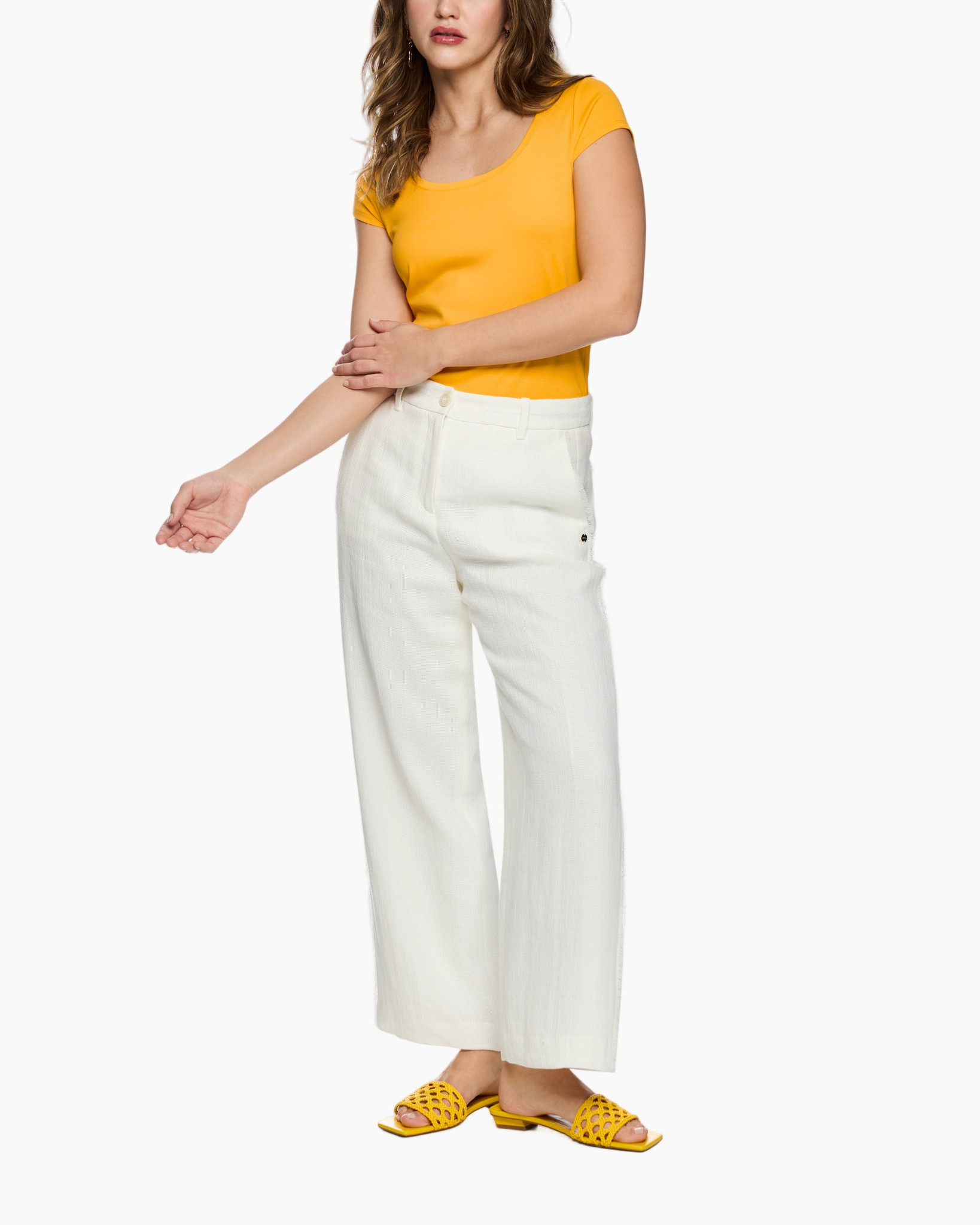 t-shirt, solid, orange, short sleeve, pants, wide-leg, white, slip-on sandals
