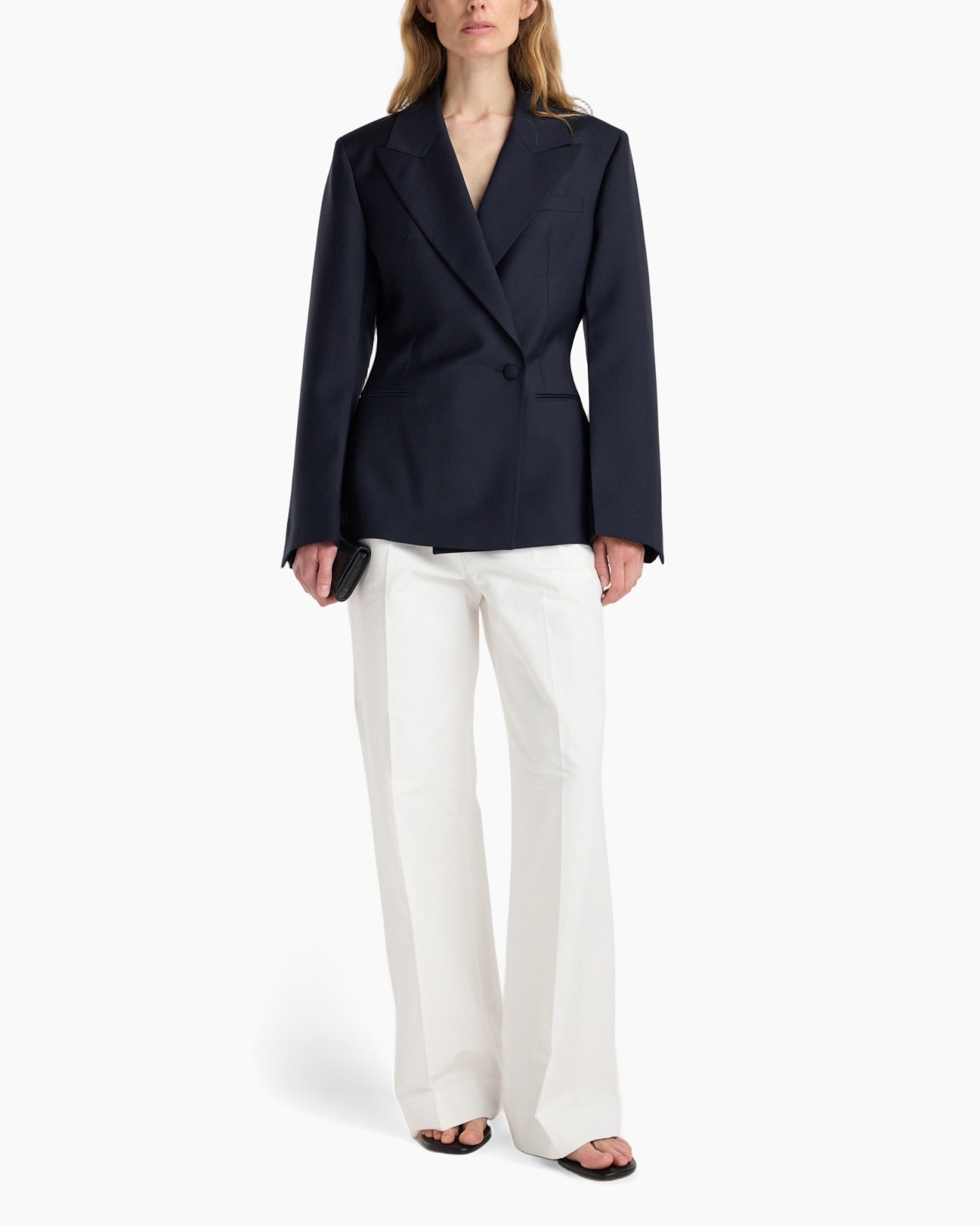 blazer, navy, single-breasted, long-sleeve, flared-pants