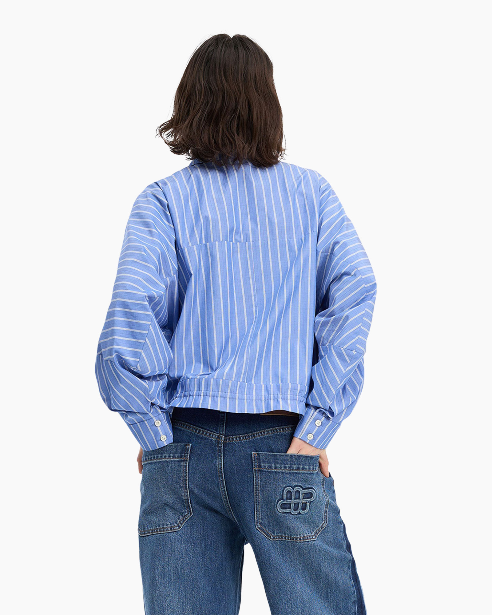 striped shirt, blue shirt, long sleeve, drawstring hem, casual fit