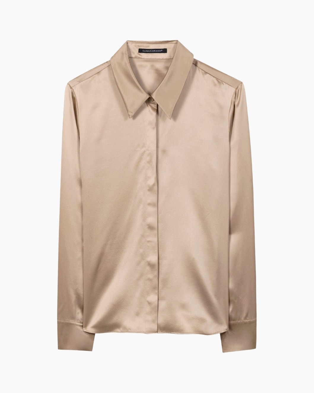 silk, blouse, beige, collared, long_sleeve