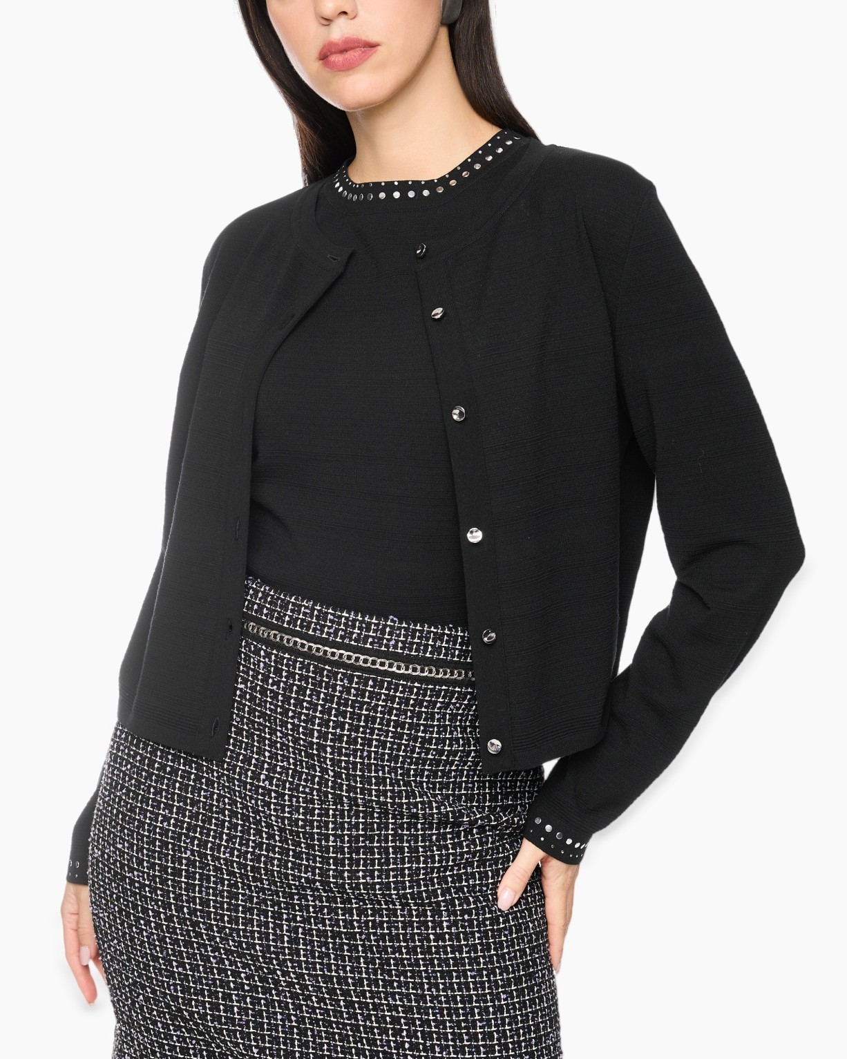 black cardigan, silver buttons, jewelled neckline, textured knit, black skirt