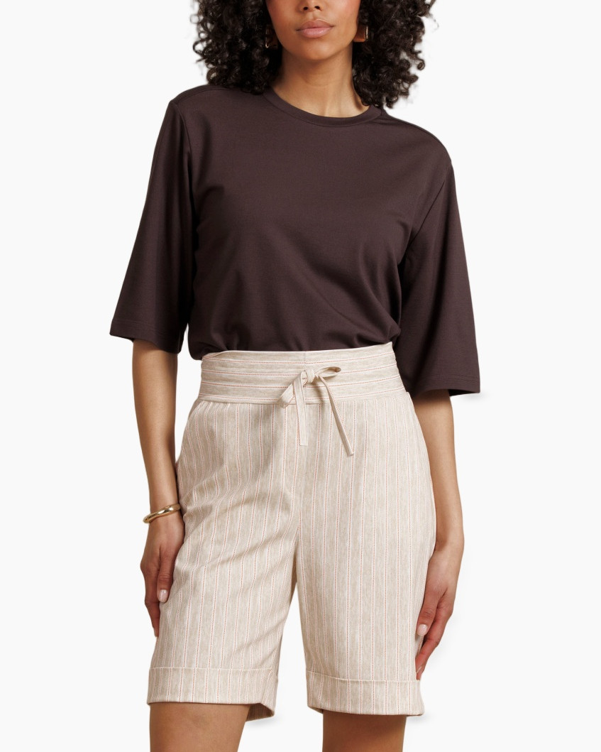 shorts, linen, beige, striped, paper bag waist