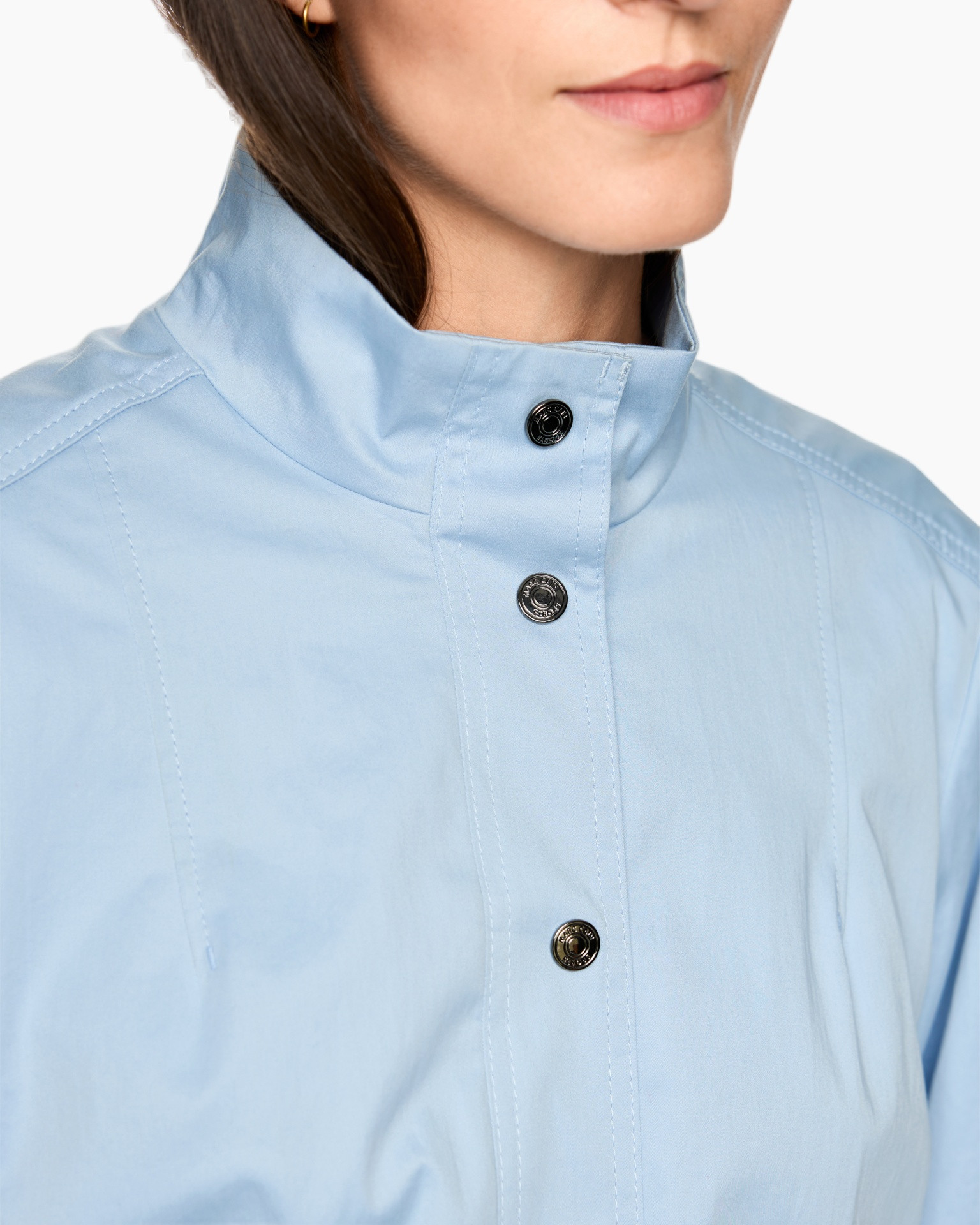 shirt, light blue, high collar, button placket, metal buttons