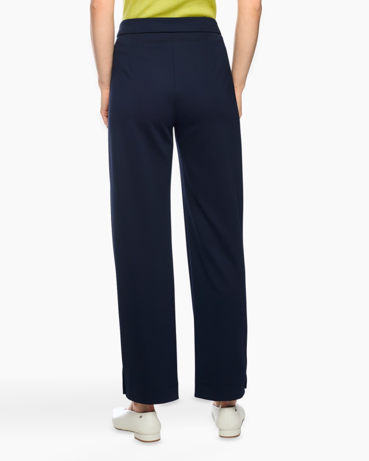 navy trousers, wide leg, high waist, full length, slit hem
