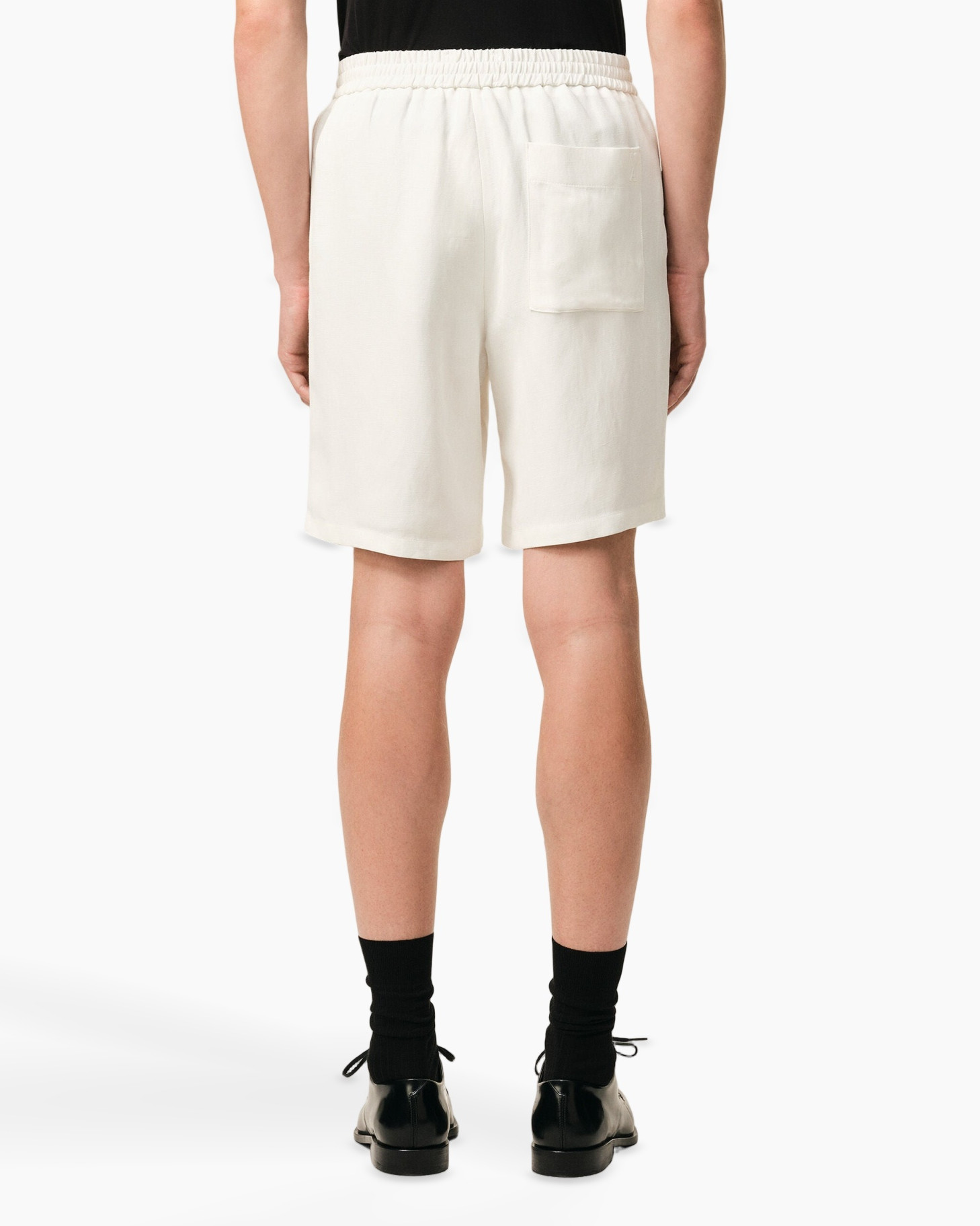 shorts, white, drawstring?, elastic waistband, loafers?