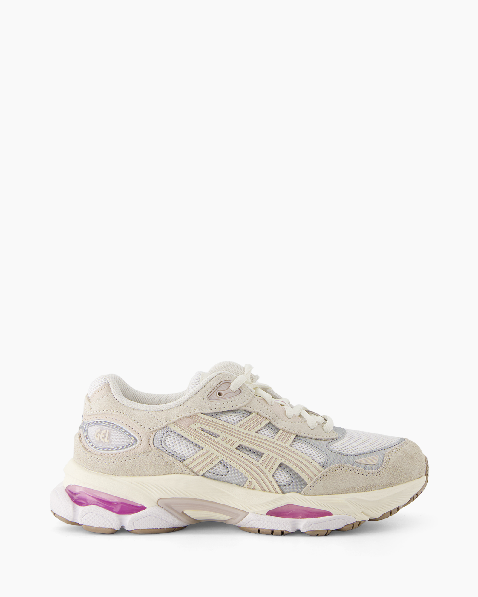 sneakers, athletic shoe, mesh, suede, beige/pink accents