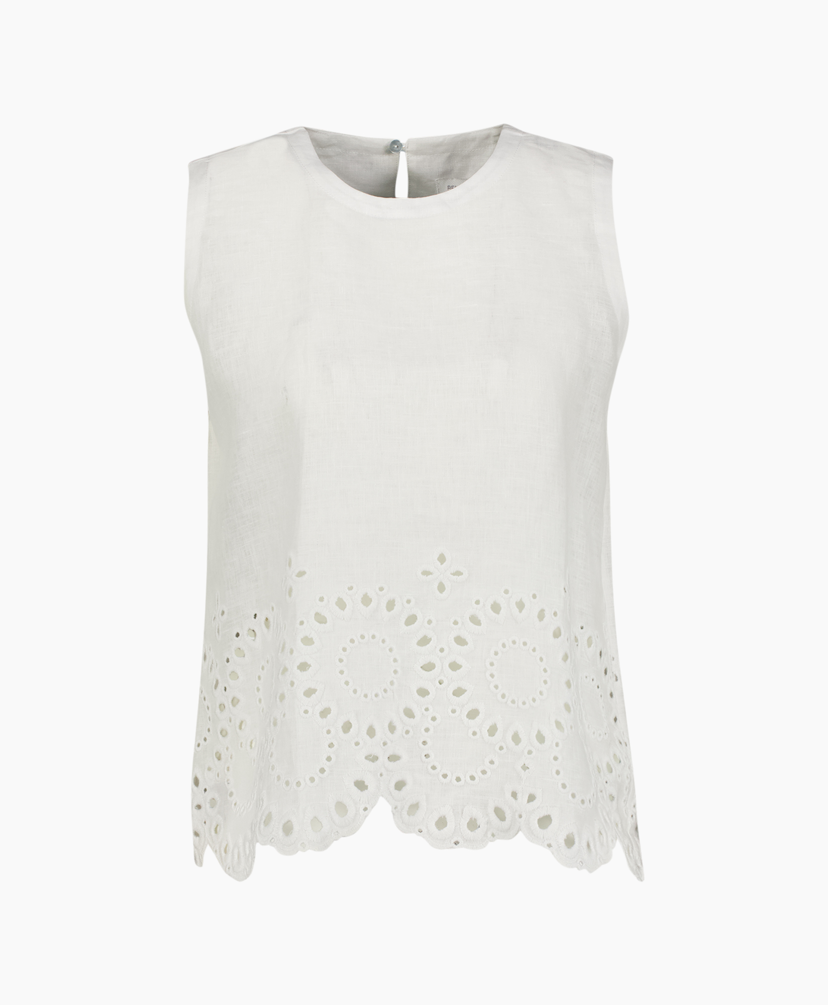 linen, white, sleeveless, eyelet, embroidery