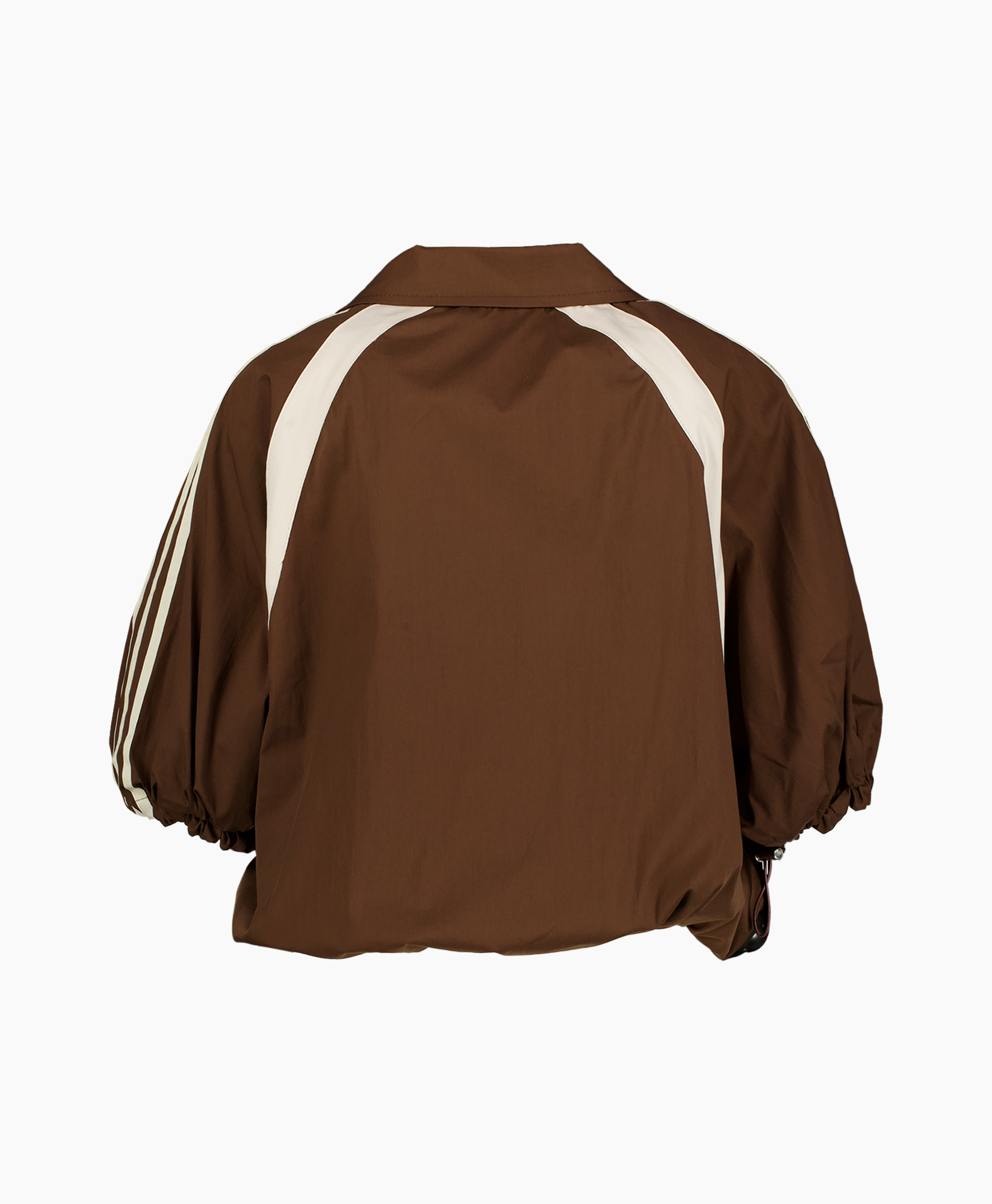 brown jacket, raglan sleeves, white panel, puff sleeves, athletic windbreaker
