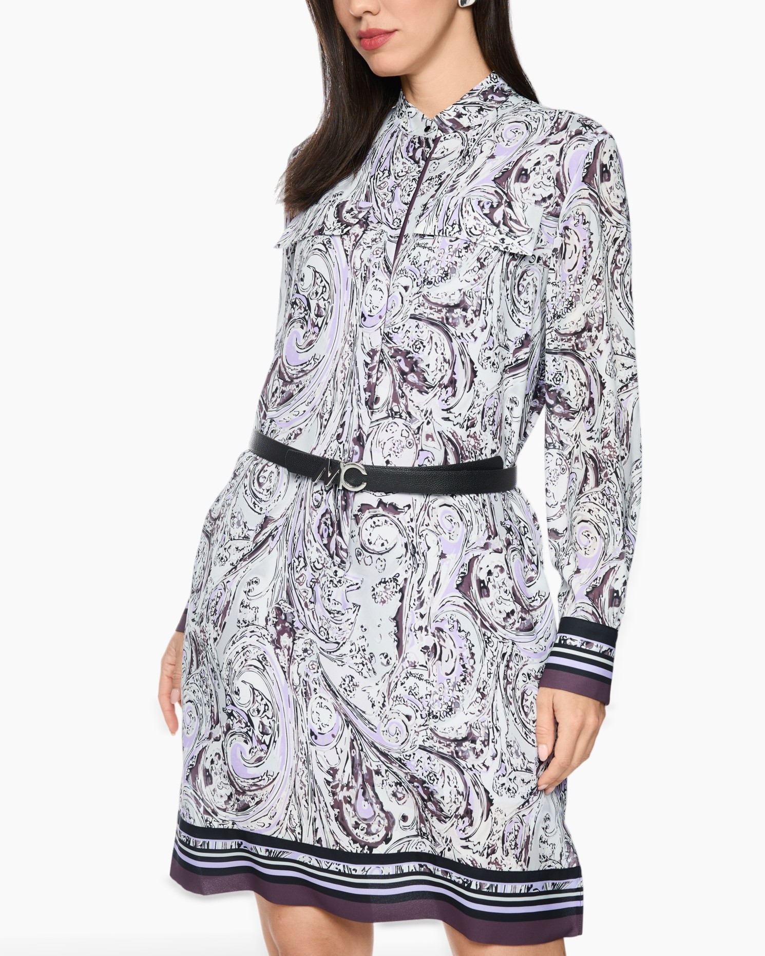 paisley, print dress, long-sleeve, belted, purple-black trim