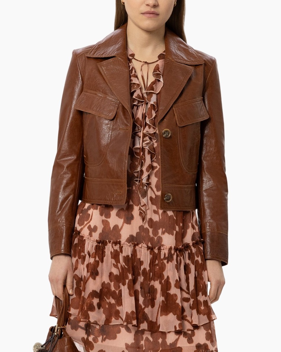 leather jacket, brown, cropped, buttoned, flap pockets