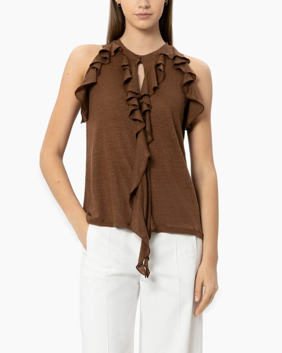 brown top, ruffle detail, sleeveless blouse, knotted front, soft knit