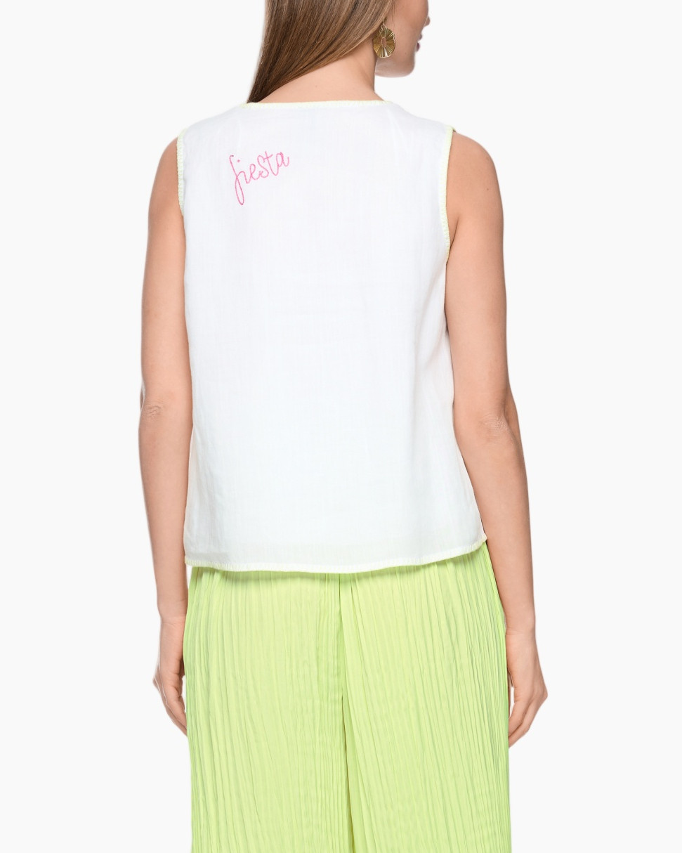white sleeveless top, embroidery, parrot motif, v-neck, loose fit