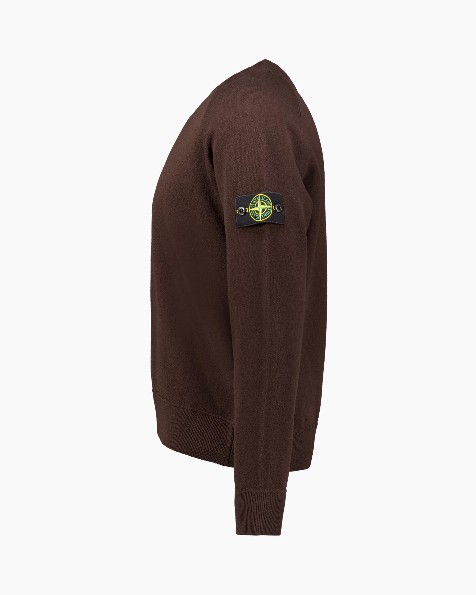 brown sweater, crew neck, long sleeve, patch logo, knit fabric