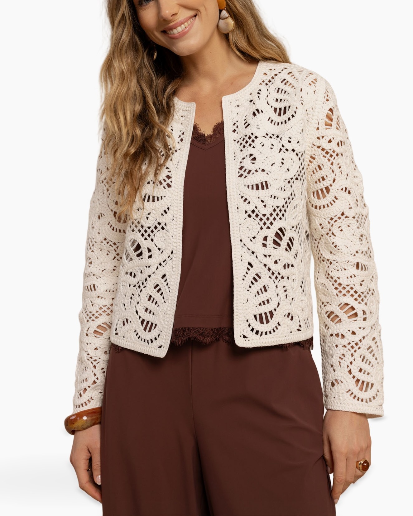 lace cardigan, crochet jacket, open front, cream color, long sleeves