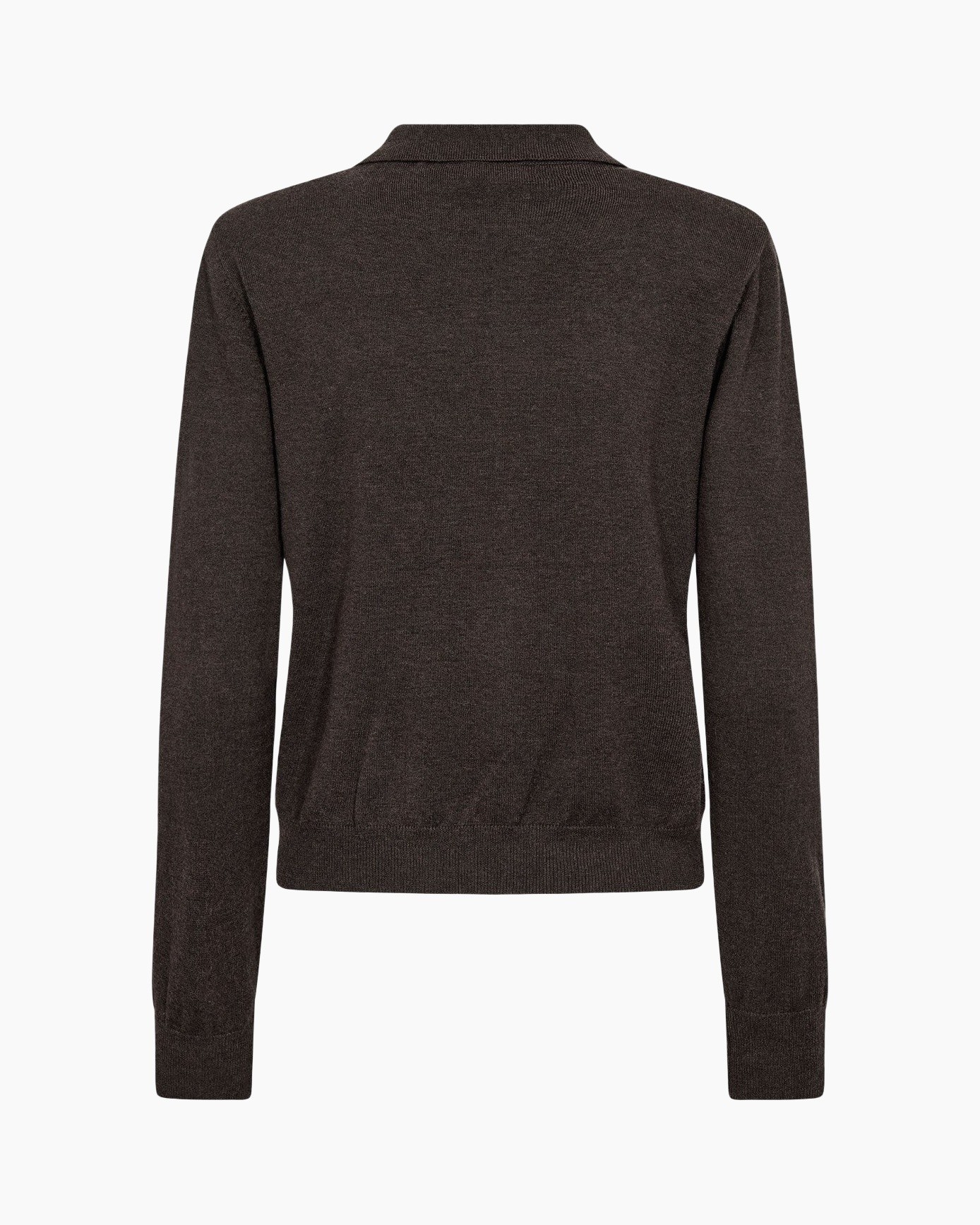 polo shirt, long sleeve, button placket, collared top, dark brown