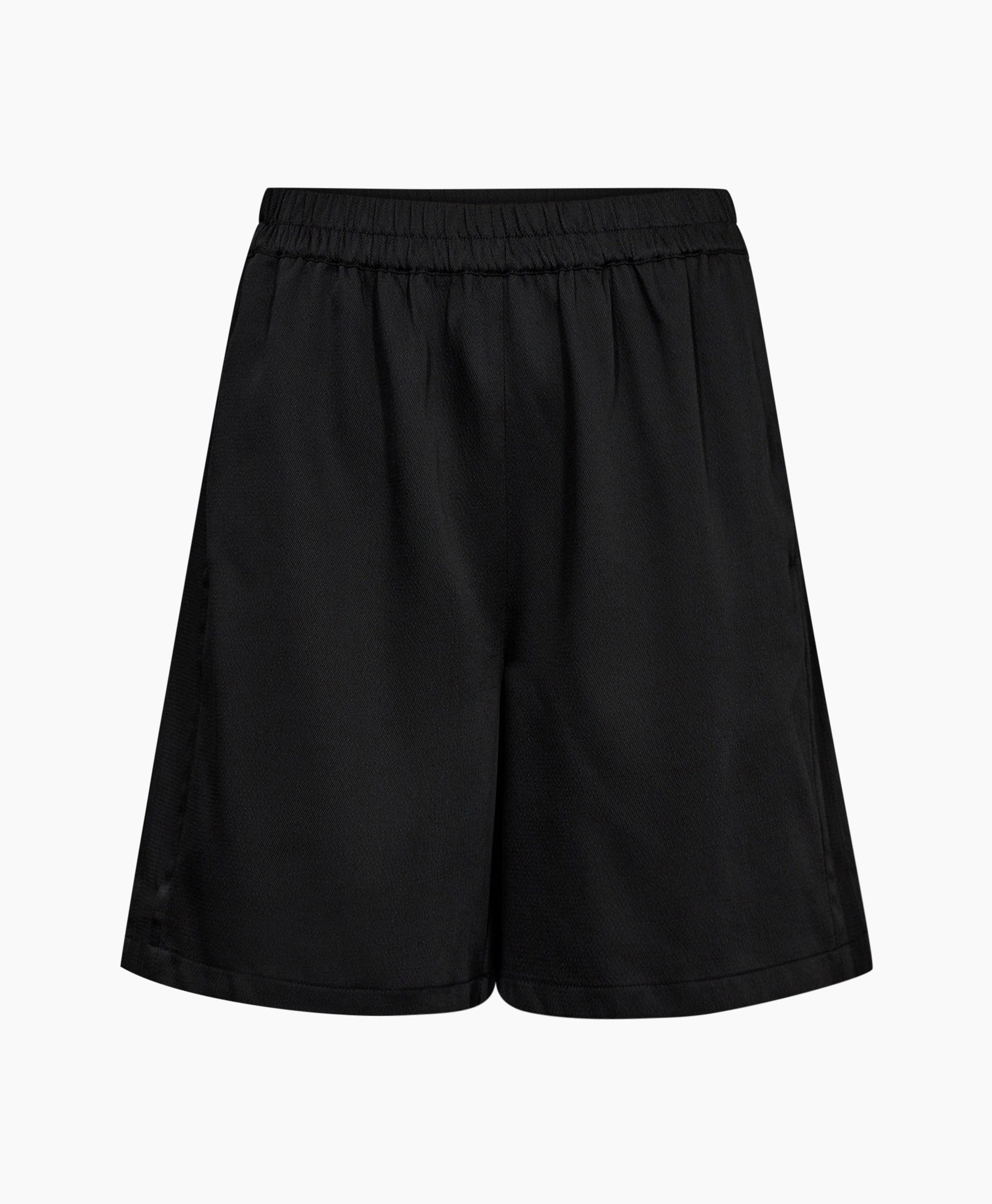 shorts, black, textured, elastic-waist, mid-length