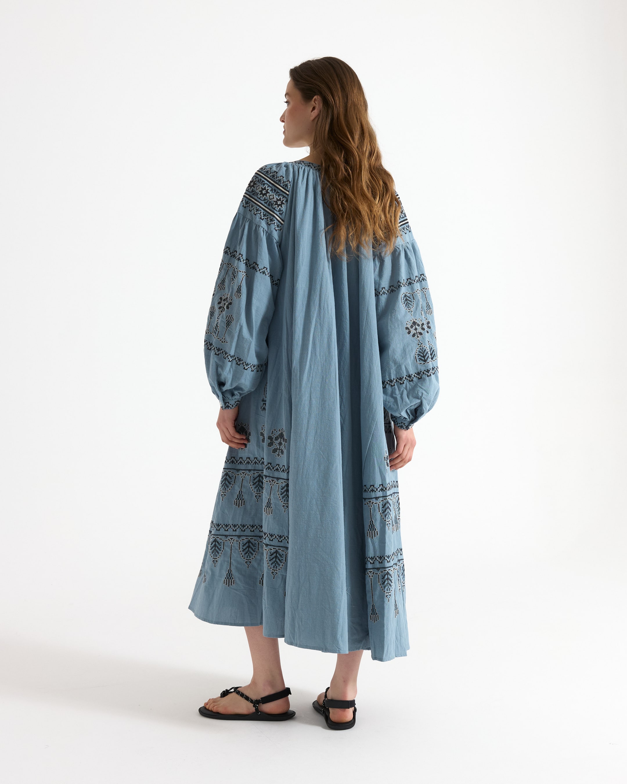 linen dress, embroidered dress, blue dress, long dress, boho dress