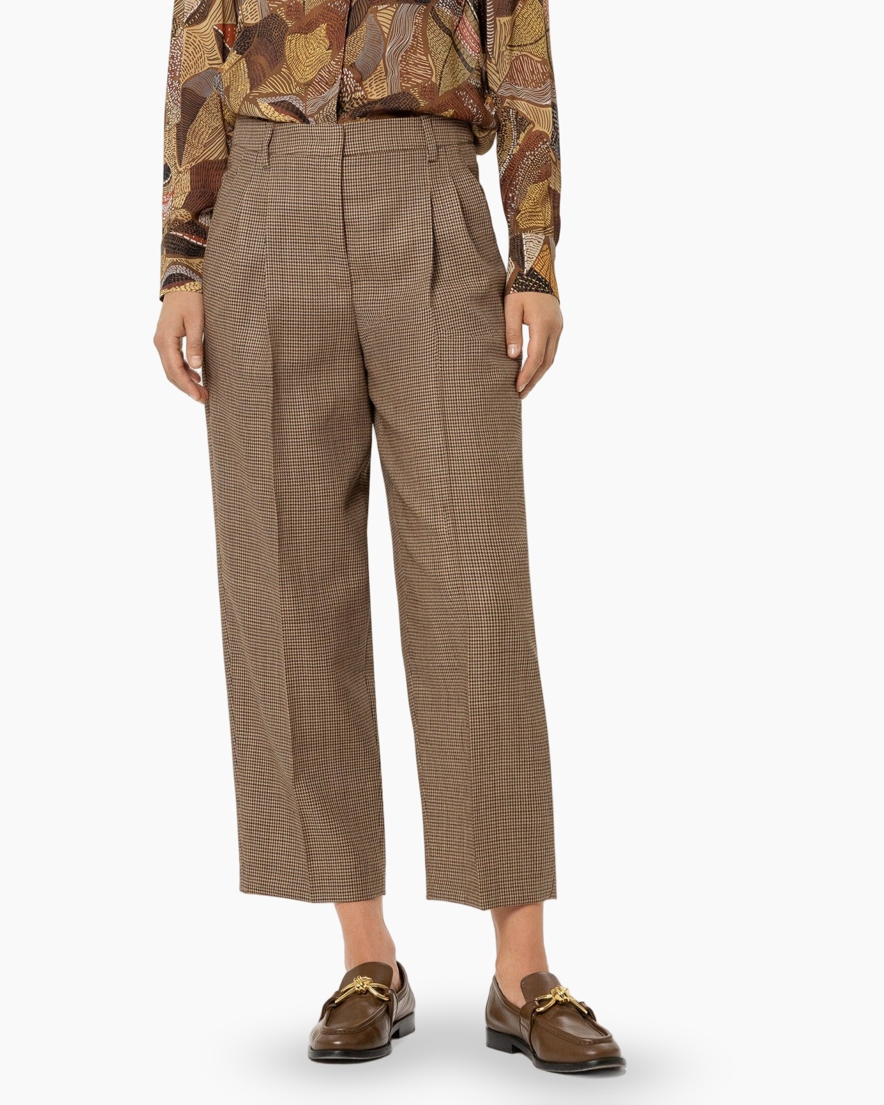 trousers, pleated, checkered, brown, ankle-length