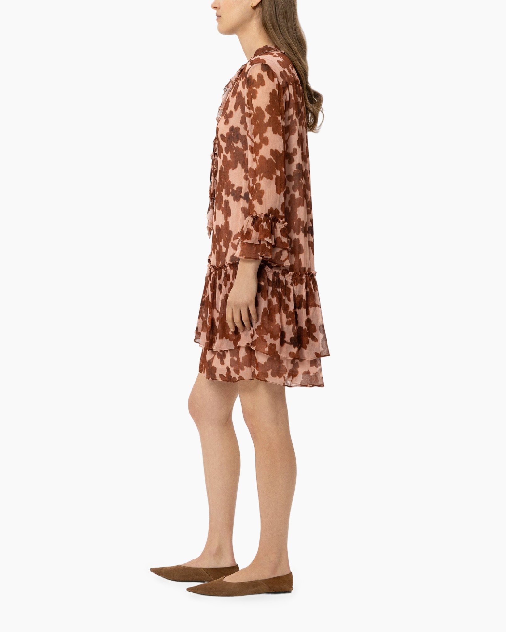 dress, long sleeves, tiered skirt, floral pattern, brown color