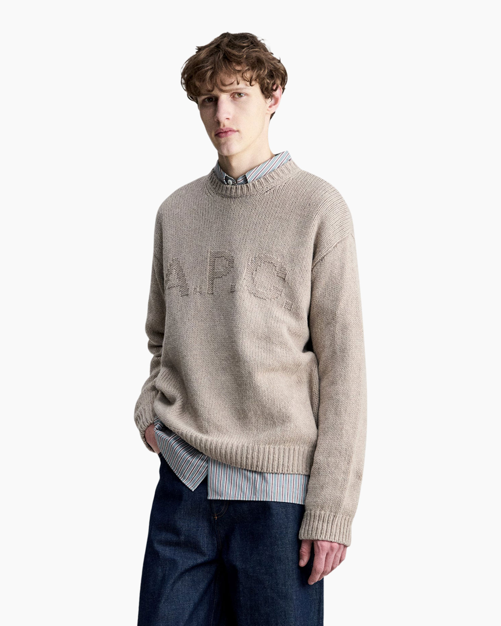 sweater, knitwear, beige, crewneck, logo-knit