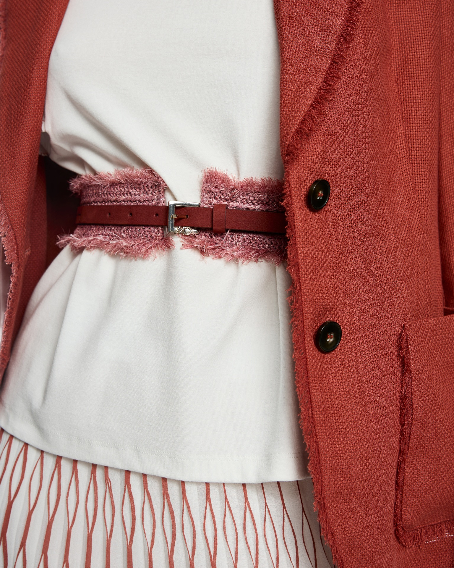 belt, waist, fringed belt, white top, red cardigan