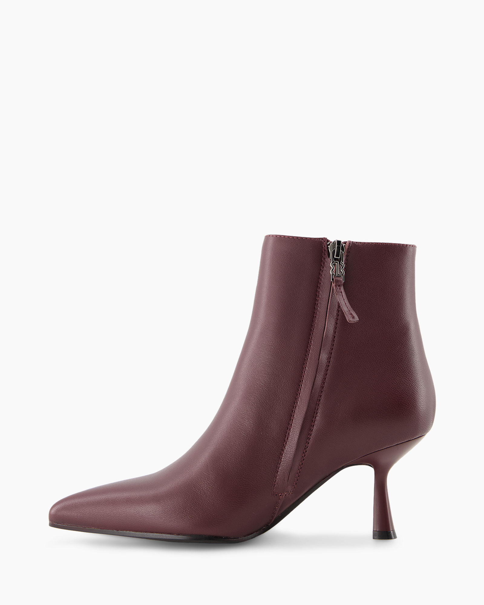 ankle boot, mid-heel, zippers, burgundy, leather