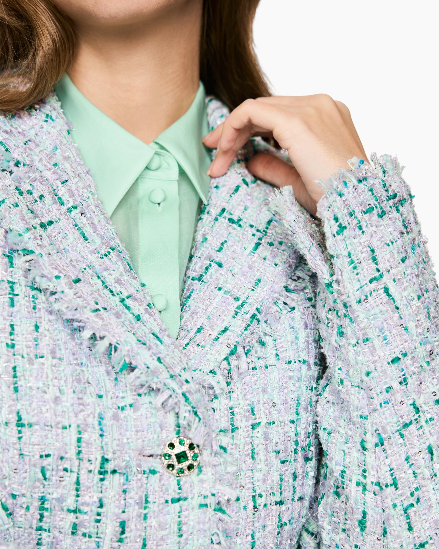 blazer, tweed, mint_green, buttoned, fringe_detail
