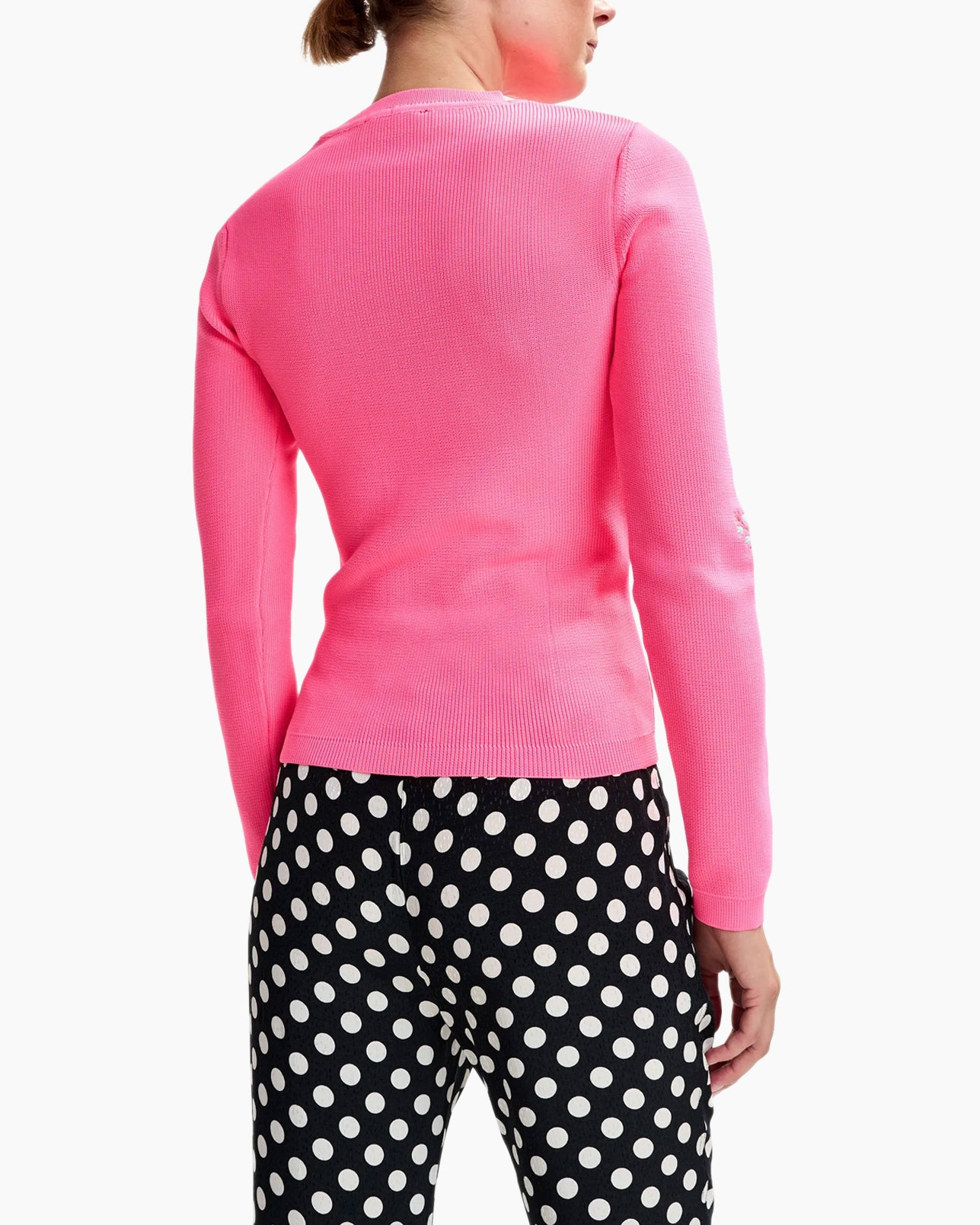 pink sweater, embroidered flowers, long sleeve, knit, women