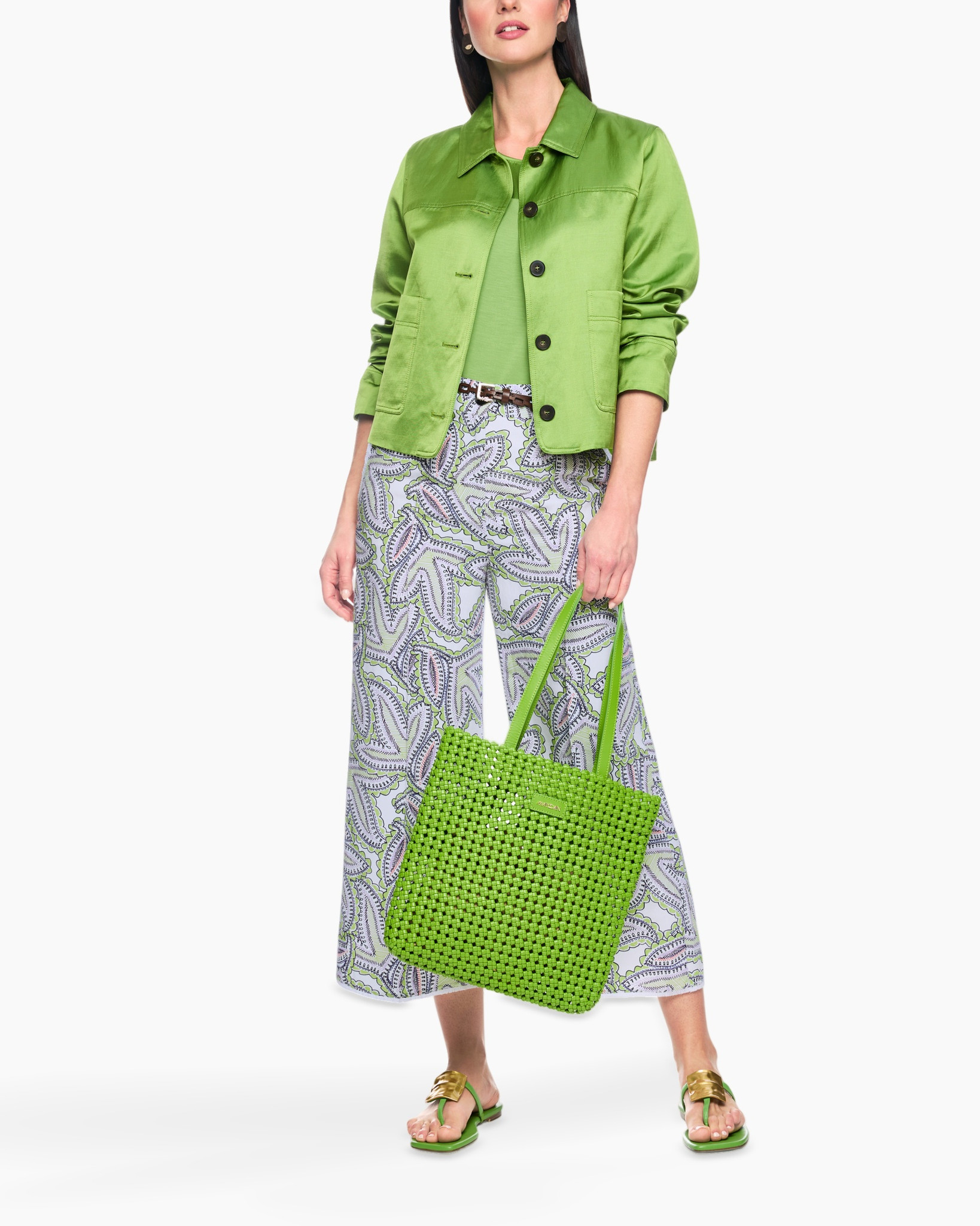 green jacket, long skirt, paisley pattern, green tote, sandals