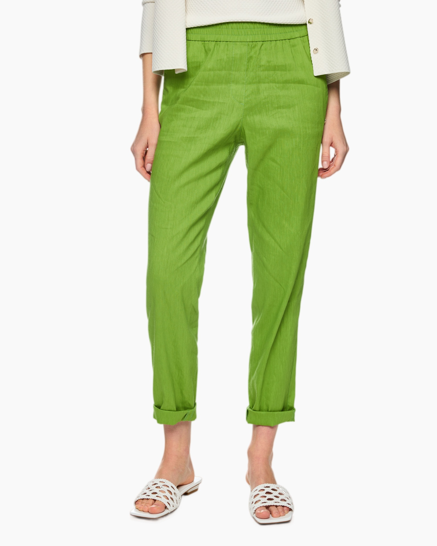 pants, green, linen, rolled cuffs, slip-on sandals, pants, green, linen, cropped, roll-up