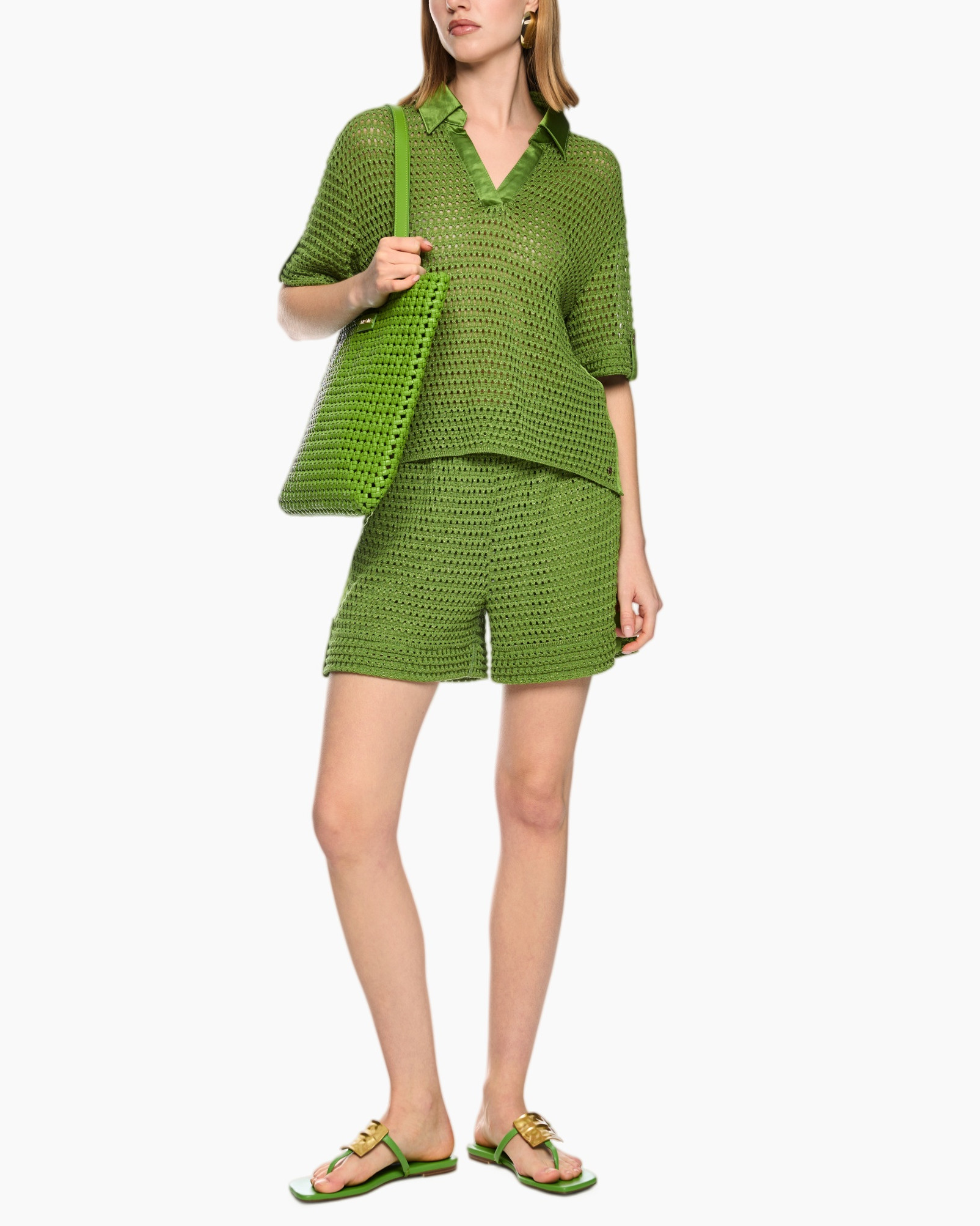 green, shorts, knit, mesh, bag