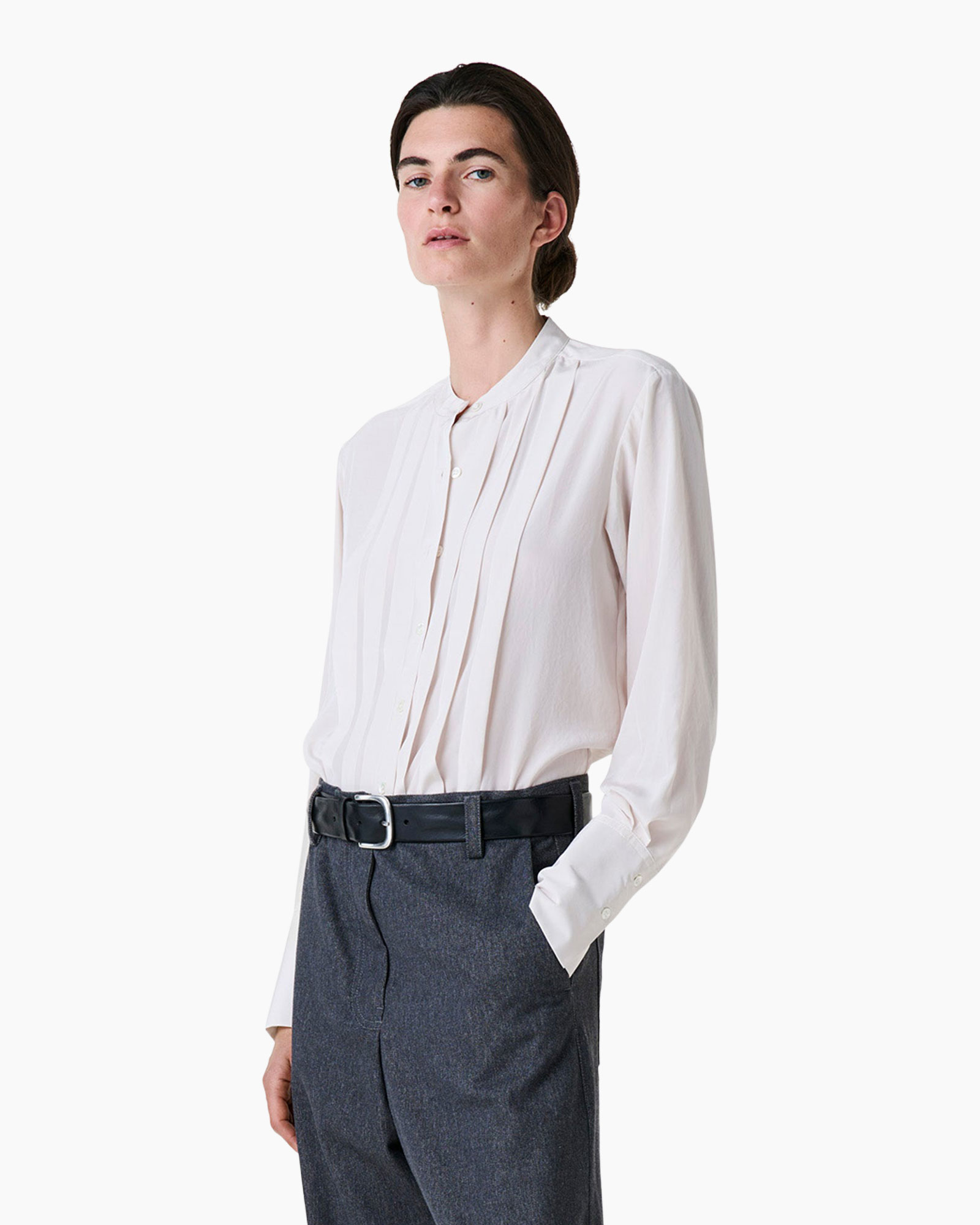 blouse, button-down, pleated, white, top